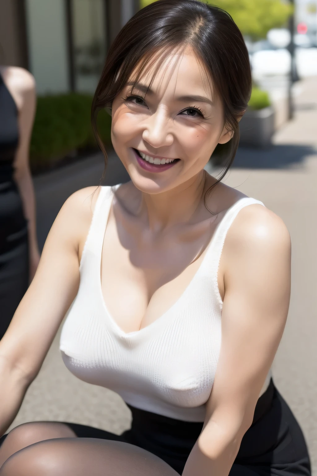 JapaneseMature Woman, (alone), 50 years old, (Wrinkles around the eyes:1.2), Large Breasts, Mature Woman, Glamour, sexly, Chromo White Skin, View your viewers、Oversized breasts、Sleeveless knit、Tight-fitting knit dress with a sew-up、Black Pantyhose、High heels、smile、Public place