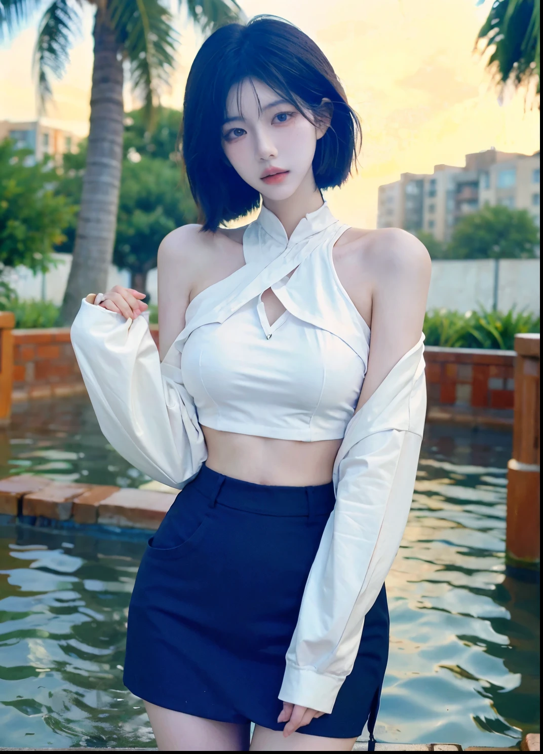 Beautiful woman with perfect figure:1.4,Ultra-high resolution,White legs,Put your hands behind your back,Swimming background,Big breasts:1.6,(Realism:1.4),perspective,Layered hairstyle,Snow white skin,JK:1.5,Super short pleated skirt,whole body:1.4,Very delicate and skin texture,Double eyelids,Skin Whitening,Long hair,White hair