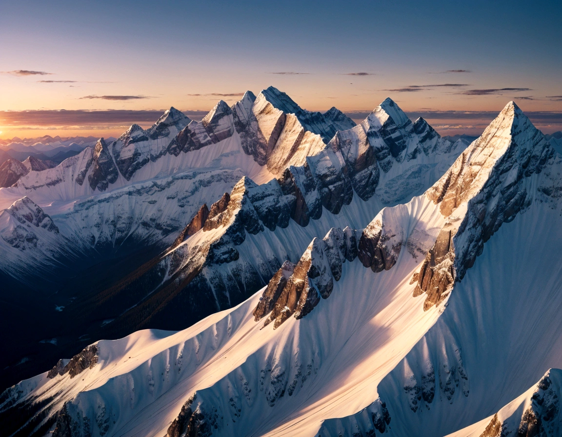 Design a shirt print with a mountain landscape at sunrise, with snow-capped peaks and a colorful sky