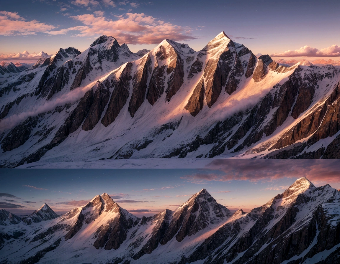 Design a shirt print with a mountain landscape at sunrise, with snow-capped peaks and a colorful sky