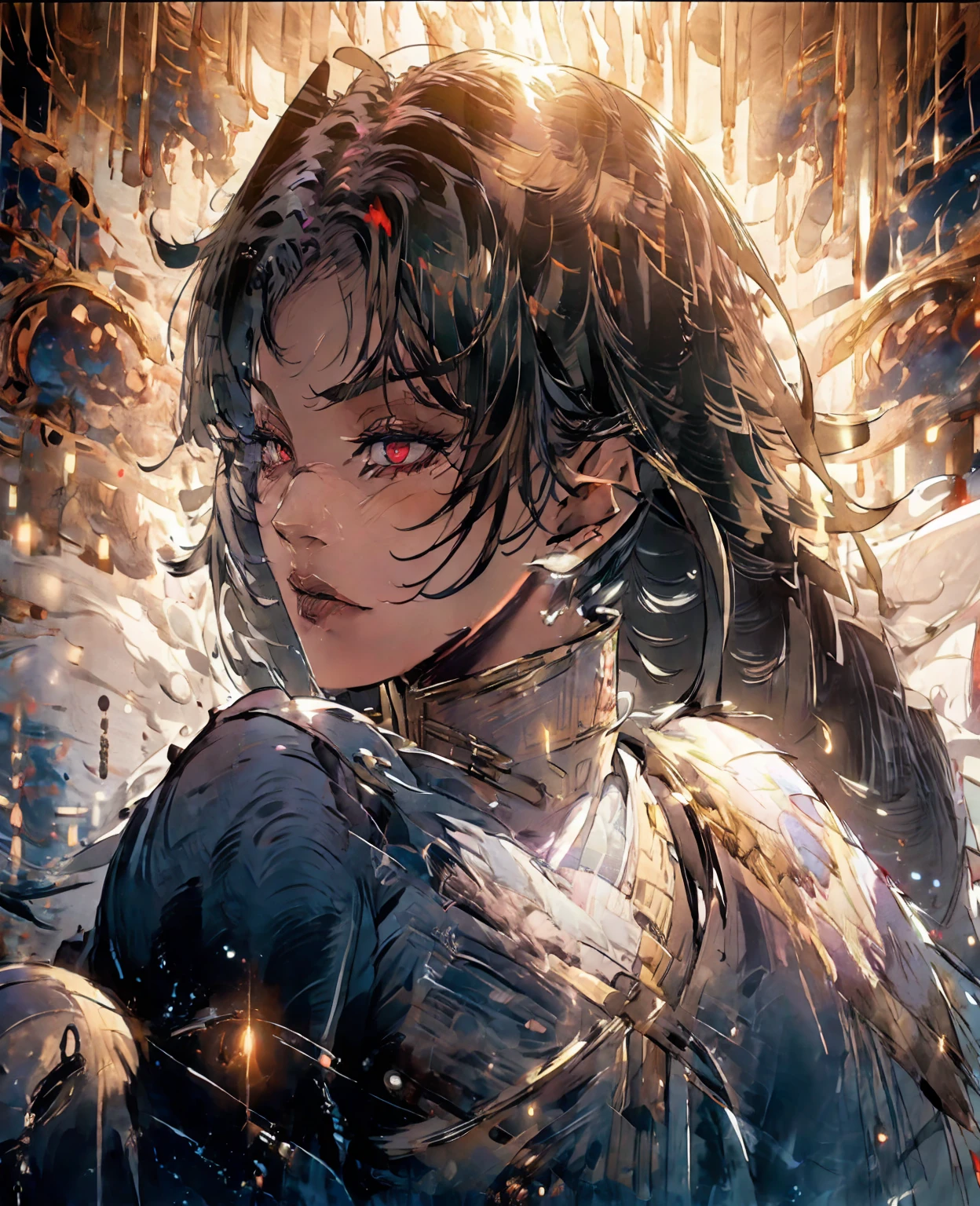 a devilish woman with black hair, pale skin, and red eyes, wearing an elf-like costume, in a dark and mysterious setting, masterpiece, cinematic, dramatic lighting, highly detailed, photorealistic, 8k, volumetric lighting, dark fantasy, black magic, supernatural, fantasy art, dark magic, occult, mystical, atmospheric, moody, chiaroscuro, dramatic shadows, dark ambience, ethereal, otherworldly
