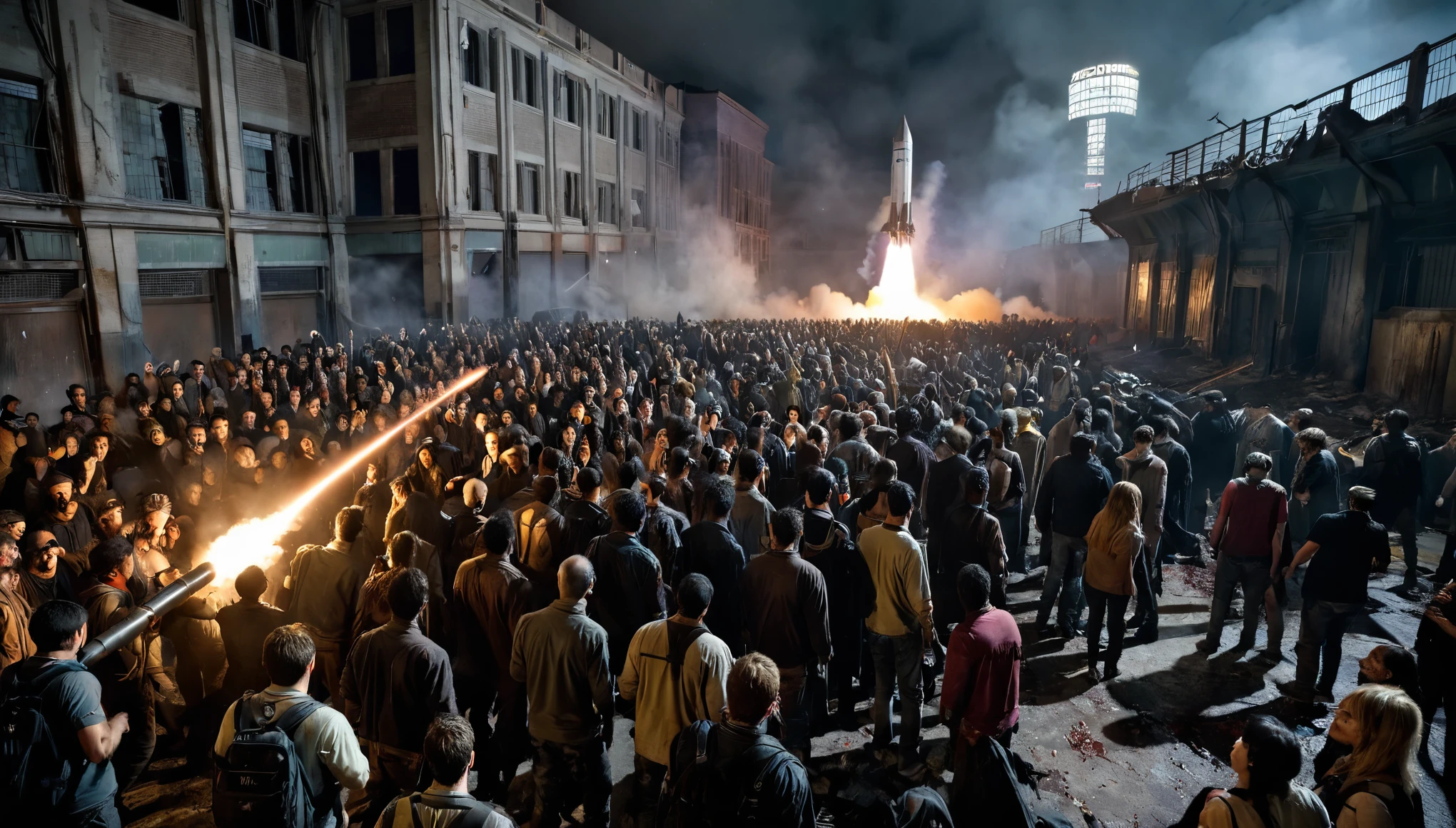 A rocket launch in a world overrun by zombies, with dark, eerie lighting and decayed surroundings. The crowd consists of zombies, and the rocket has a rugged, worn appearance.