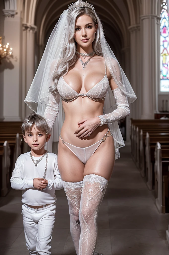 (((8k))), ((best quality)), ((masterpiece)), ((very high detailed)), ((very high detailed fantasy of mother and son together as couple:1.9)), ((son and mother as a couple portrait)), ((Marilyn Monroe 34 year old ultra sexual angelic horny and incredibly gorgeous supermodel mothers bride walking with their son in a bridal march)), ((danish and Norwegian mixed)), (((seductive smile))), (thin waist), ((slutty make up)), ((bright crimson lips)), ((diamond covered bridal vale)), ((in church bridal march)), ((holding a diamond studded white flower bouquet in hand)), ((walking towards the camera)), (( having diamond bridal pussy ring:1.5)), ((must have sparkling diamonds waist chain)), ((perfect belly button)), ((diamond belly button piercing)), (((varying facial features))), (((must be completely naked always))), ((very sexualised)) (very long silver hair), ((sparkling white diamond crowns)), ((naked vagina exposed)), (erotic voluptuous bodies), ((silver glistening pale skin)), ((sparkling Diamond thigh highs)), ((sparkling white diamonds waist chains)), ((sparkling white diamonds very long neck chains)), ((in a beautiful enchanting church, with mystical lights:1.5)), ((all white interiors)), ((ultra realistic)), ((real life)), ((high resolution)), ((ultra realistic)