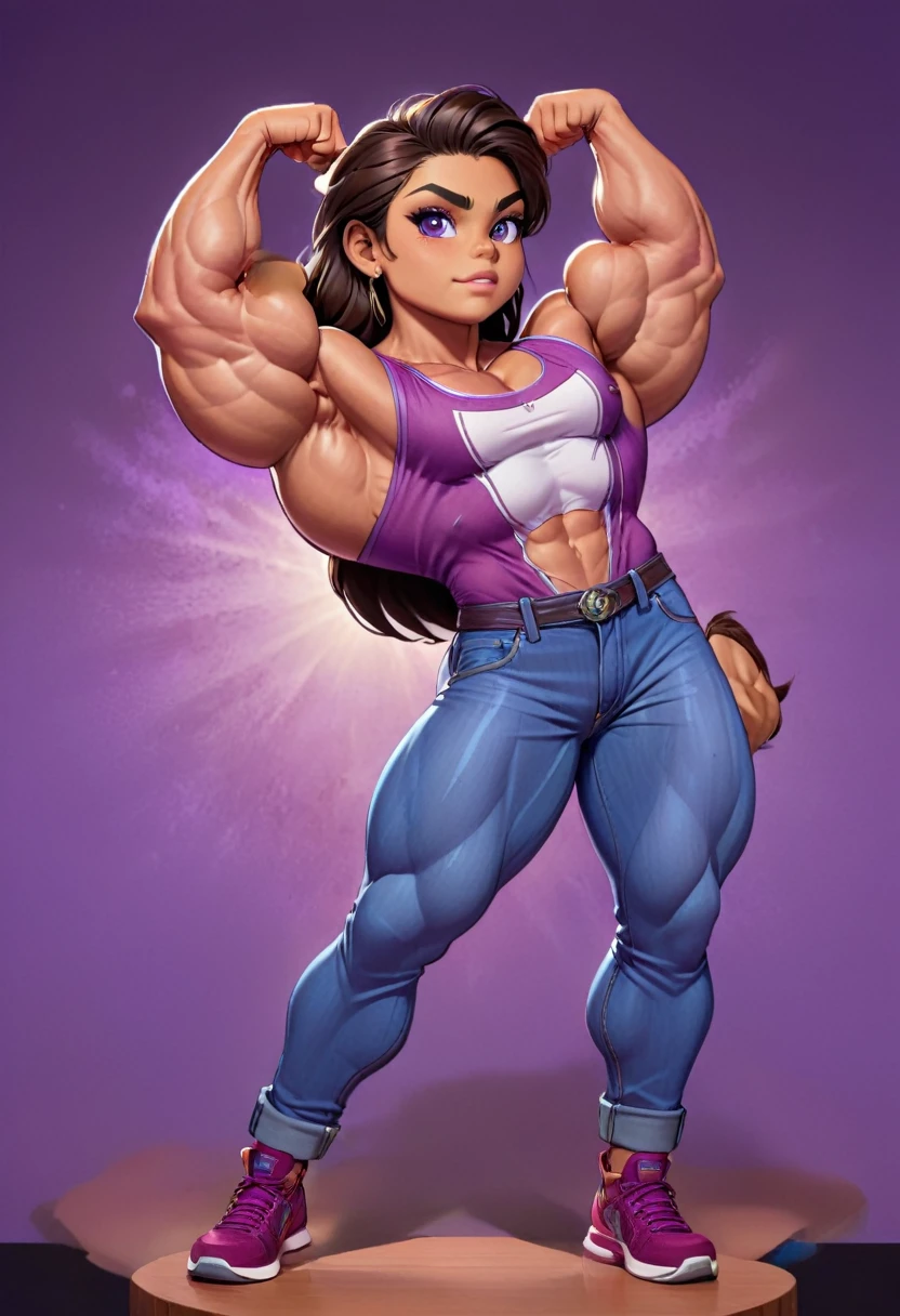 (masterpiece:1.2), (best quality), (ultra detailed), (8k, 4k, intricate),(full-body-shot:1), (highly detailed:1.2),(detailed face:1.2), (detailed background), muscle girl with High cheekbones and a strong jawlineflexing muscles wearing purple muscle shirt and light blue jeans, her hair a rich chestnut brown, giving her a dynamic and youthful appearance, muscle woman, big muscles, huge muscles, massive muscles, muscle girl, bronze skin, Her facial features are a mix of determination and kindness, with expressive eyes that radiate a sense of adventure