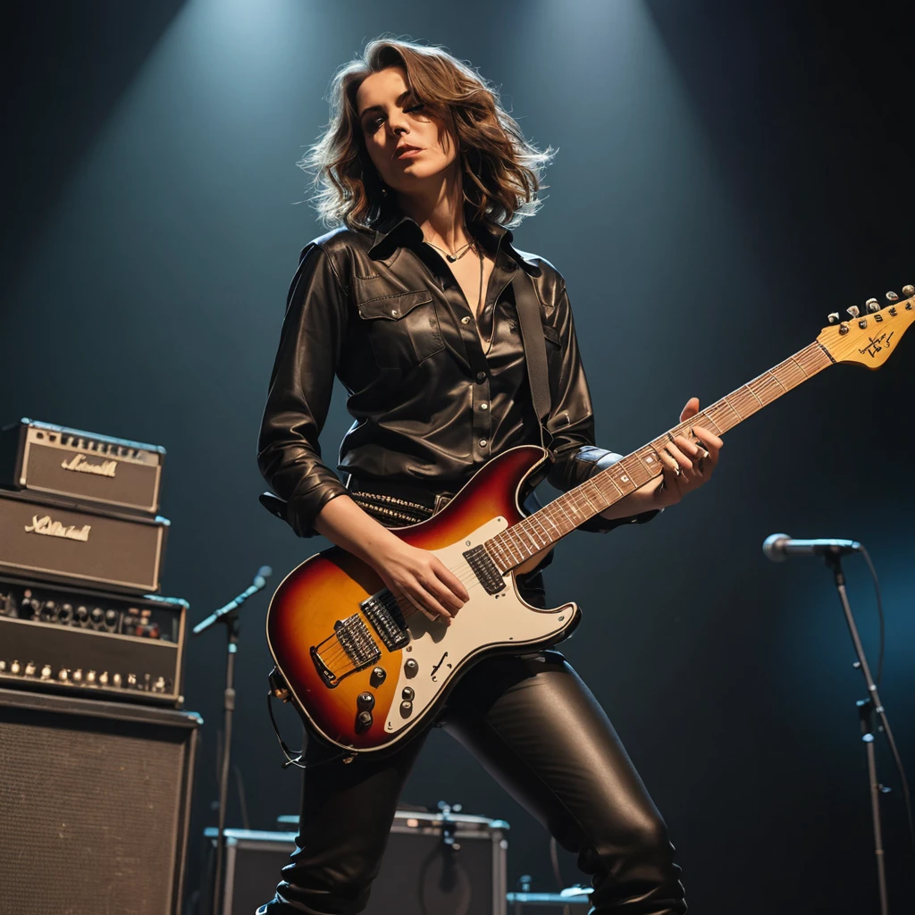 a female rockstar with leather pants and a buttoned down shirt, with an electric guitar in her hands, standing on a stage. Dark, stage lighting