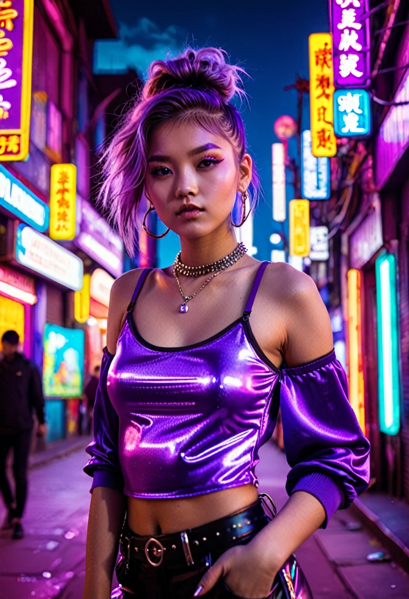 a girl in a purple top in a neon city, in the style of chinapunk, iconic album covers, soft-focus portraits, luke fildes, light amber and silver, exotic, captivating lighting