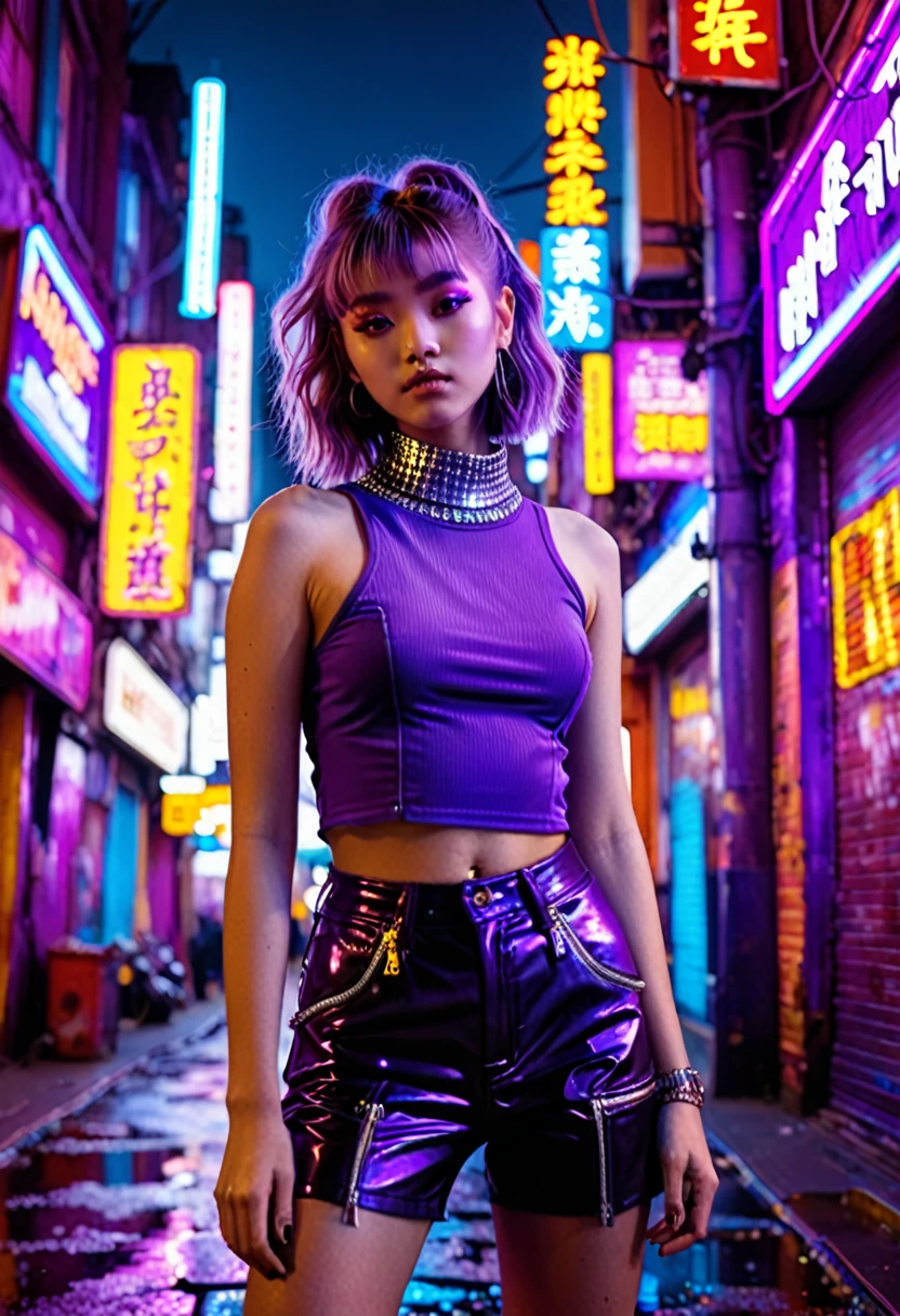 a girl in a purple top in a neon city, in the style of chinapunk, iconic album covers, soft-focus portraits, luke fildes, light amber and silver, exotic, captivating lighting