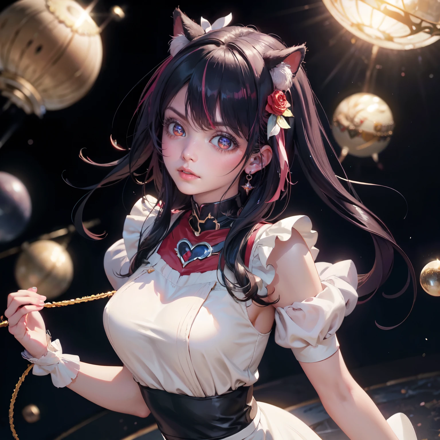 1girl, Ai Hoshino_(Oshi no Ko), centered girl, perfectly body, perfectly hands, solo, jewelry, magenta roses, rabbit jewel on her hair, ornament hair, twintails, rabbit jewel on her hair, purple hair, long hair, solo, white maid dress, jewelry, purple hair, flowing hair, long hair, maid dress with a short skirt and layers, white laces, white boots, white dress with transparency, gold details on her clothes, cat ears, animal ears, more details, perfectly body, perfectly hands, two hands, two legs, two arms, five fingers, glowing hair, best quality, cat ears, animal ears, white gloves, cat tail, alone, maid headdress, choker, detached sleeves, maid dress, maid white dress, strapless, masterpeice, best quality, detailed face, night, asymmetrical gloves, bangs, white short skirt , earrings, elbow gloves, fishnet thighhighs, fishmasterpeice, solo, best quality, detailed face, hair between eyes, jewelry, looking at viewer, single earring, sky, sleeveless, solo, thigh boots, thighhighs, tongue, tongue out, uneven gloves, cat ears, animal ears, cat tail, solo, alone, Looking at the viewer, magenta roses on her hair, space scenery, maid, maid dress, magenta details, maid headdress, maid apron, purple hair, long hair, seat on the Saturn rings, more details on her clothes, gold details on her clothes, space, smiling, standing her hand to a viewer, looking at the viewer, in the background a several asteroids glowing with fiery auras, Dramatic lighting from distant stars and planets illuminates the scene, looking at the vast and mysterious universe, cowboy shot, upper body portrait, more details, sparkle