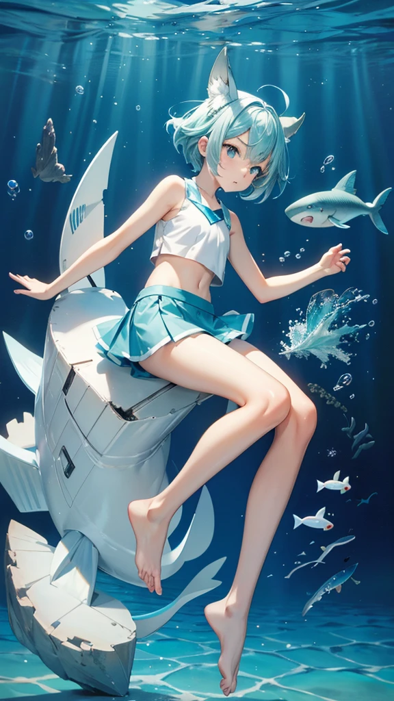 Aqua blue short haired girl with shark fin ears and flat chest,White sleeveless top,Mini skirt,Bare arms,Fish flippers,Bare Legs,barefoot,scale,deep sea