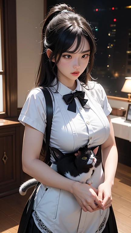 (best quality,4K,8K,high resolution,masterpiece:1.2),Extremely detailed,(Practical,photoPractical,photo-Practical:1.37),Human Development Report,Ultra HD,Studio Lighting,Super Fine,Clear focus,Physically Based Rendering,Extremely detailed的描述,professional,Bright colors,Bokeh,portrait,1 girl,((Cat's Eye)),(Ponytail),(Ribbon),(maid),咖啡店1 girl, Purple and blackish hair, Large Breasts, (((Full and soft breasts,)))(((Huge breasts))) (((Cleavage))) (Perfect curvy figure),Sexy body, Angry face, Wear , Wear