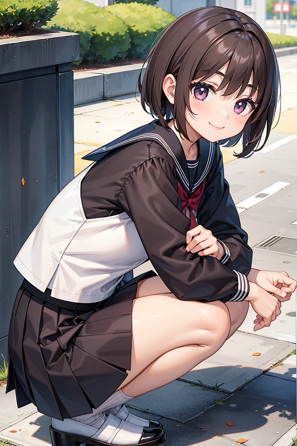(One girl)、smile、Dark brown short hair、high school girl、Sailor suit、、Looking up、Crouching、Invite