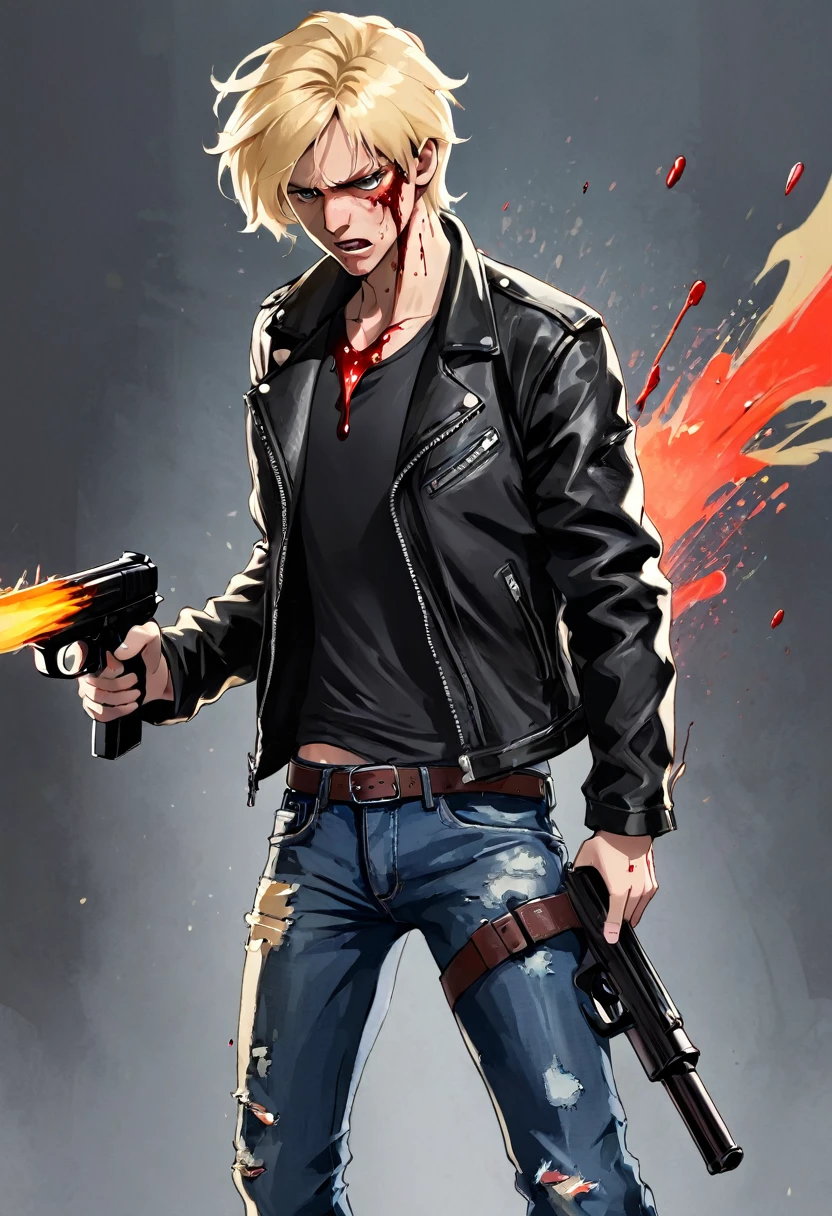 Create concept art for a film about a blond man with ,with black leather jacket and jeans,and torn,he is bleeding,and holding a gun!