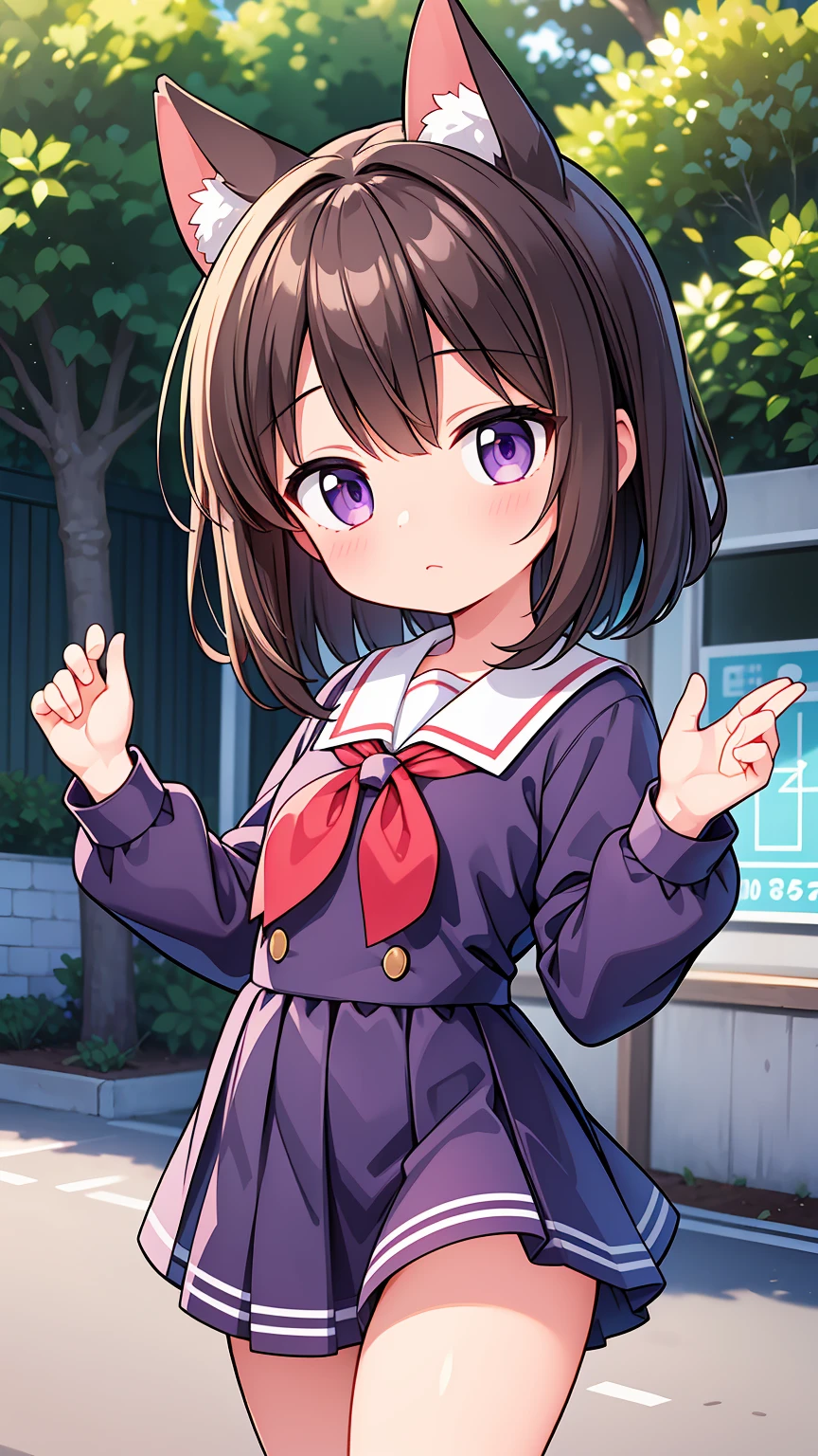 (High quality), (masterpiece), (very detailed), girl, (very small bust), short brown hair, purple eyes, shy face, (primary school ), showing her thighs, on the school yard, sunny, camera angle from below, adorable eyes, (primar school uniform)