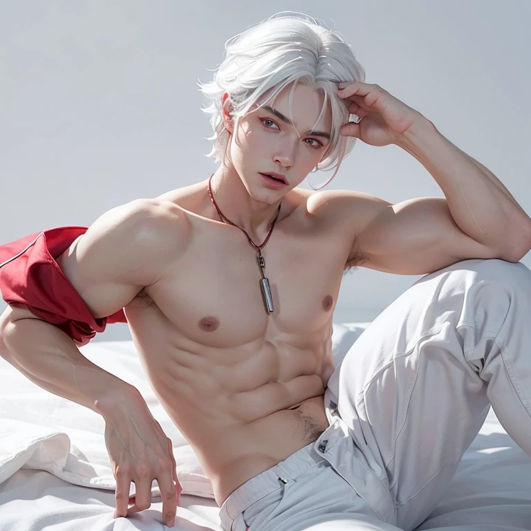 ((ultra realisitic)), ((naughty man)), ((picture-perfect)), ((face perfect)), ((ultra detaild)), ((fully body)), ((perfectbody)), um naughty man de white hair usando roupas pretas segurando uma arma na mão, male character, cool shading, com Eyes red, ((Eyes red)), ((white hair))