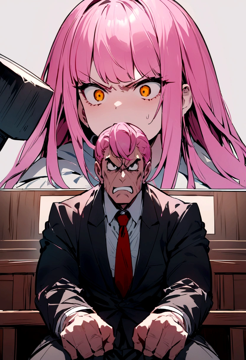 Sitting in court with a stern face、Create an image of a judge that appears to be yelling at someone. The judge looked angry.、He has a hammer in his hand.、Pink hair