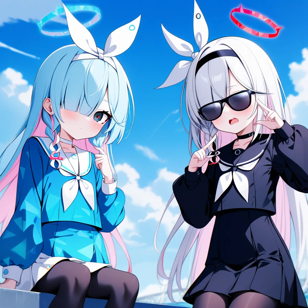 2girls sunglasses, blue archive, arona \(blue archive\), plana \(blue archive\), adjusting_eyewear, black choker, black coat, black eyes, black hairband, black pantyhose, black sailor collar, black serafuku, black shirt, black skirt, blue hair, blue halo, blue shirt, blue sky, blush, bow hairband, braid, breasts, buttoned cuffs, buttons, choker, closed mouth, cloud, coat, colored inner hair, day, film grain, hair over one eye, hair ribbon, hairband, halo, light blue hair, long hair, long sleeves, looking at viewer, miniskirt, multicolored hair, multiple girls, neckerchief, open mouth, outdoors, pantyhose, pink hair, pleated skirt, puffy long sleeves, puffy sleeves, red halo, red pupils, ribbon, sailor collar, sailor shirt, serafuku, shirt, short hair, side braid, single braid, sitting, skirt, sky, small breasts, sunglasses, teeth, thighs, two-tone hair, upper teeth only, white choker, white hair, white hairband, white neckerchief, white ribbon, white sailor collar, white skirt