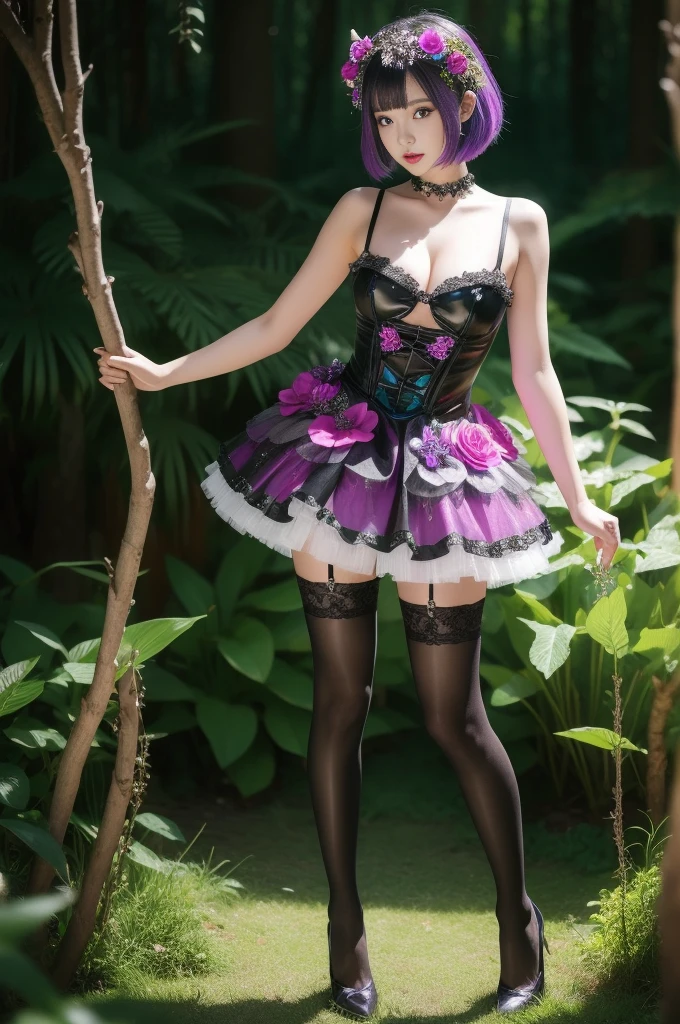 sexy female model who controls poison、lipgloss、dramatic makeup、look at the camera、full body Esbian、、sparkling poisoned enchanted flower costume、、、、shiny sparkling colorful short hair、secrete poison、skull hair accessories schnet tights、shiny sparkling dark magic forest background