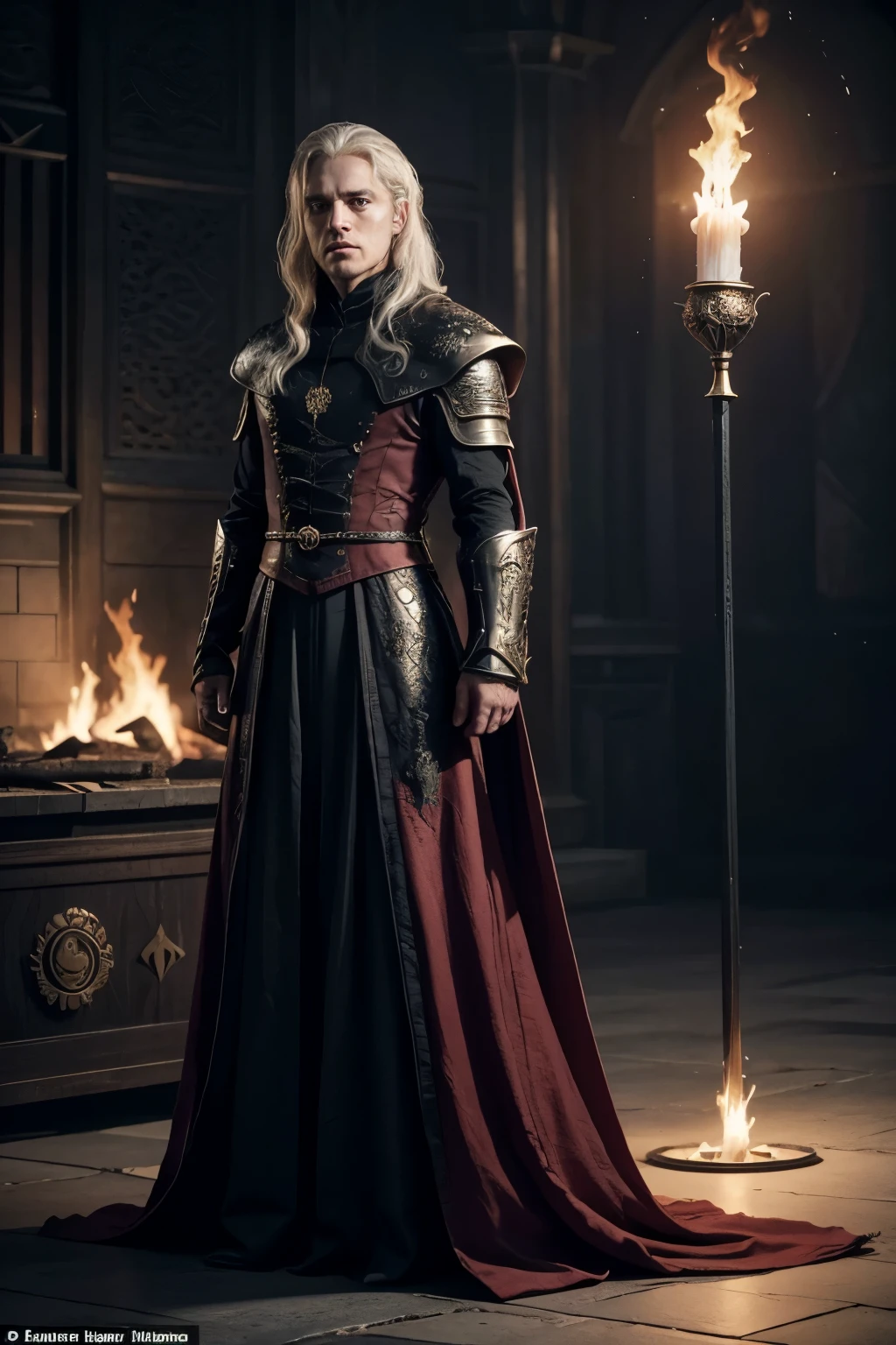Title: daemon targaryen, Prince of House Targaryen Description:

charachter:

name: daemon targaryen
Idade: grown-up, around 30-40 years old.
Appearance:
hairs: long, silvery-golden, flowing freely.
eyeballs: dark violet, with an intense and penetrating gaze.
Physicist: Slim and athletic, with a confident and imposing posture.
Clothing and Equipment:

tenue: dark and elegant clothes, com detalhes em vermelho e preto. The costume must have dragon motifs, reflecting Targaryen heritage.
missilesdura: Light armor elements can be incorporated, mainly on the shoulder pads and chest, also decorated with dragons.
missiles: Wielding the Valyrian steel sword Dark Sister, with a sinister shine and intricate blade detail.
enviroment:

fund: A scenario that takes us back to Westeros, perhaps a mountainous landscape or a castle in the distance. Alternatively, could be a royal hall background with Targaryen torches and flags.
Additional Elements: Flames and shadows for a dramatic touch, and perhaps a silhouette of a dragon in the background to reinforce the connection with dragons.
Pose e Expression:

Pose: standing, facing the front, with the Dark Sister resting on the floor, or wielding it in a threatening way.
Expression: confident and determined, with a touch of arrogance.
House Symbol:

Additional Detail: Include the symbol of House Targaryen - the three-headed dragon - somewhere in the image, as on the chest of armor or as an emblem in the background.
styled: realistic and detailed, with a dark and rich color palette, reflecting the epic and historical tone of the series.

Visual References:

Include references to dragons and gothic elements for inspiration in decor and environment.

