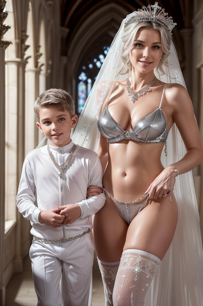 (((8k))), ((best quality)), ((masterpiece)), ((very high detailed)), ((very high detailed fantasy of mother and son marriage:1.6)), ((groom son and bride mother as a couple portrait)), (( 34 year old ultra sexual angelic horny and incredibly gorgeous supermodel mother bride walking with her son groom in a bridal march)), ready to breed, ((danish and Norwegian mixed)), (((seductive smile))), (thin waist), ((slutty make up)), ((bright crimson lips)), ((diamond covered bridal vale)), ((in church bridal march)), ((holding a diamond studded white flower bouquet in hand)), ((walking towards the camera)), (( holding diamond bridal bouquet in hand)), ((must have sparkling diamonds waist chain)), ((perfect belly button)), ((diamond belly button piercing)), (((varying facial features))), (((must be completely naked always))), ((very sexualised)) (very long silver hair), ((sparkling white diamond crowns)), ((naked vagina exposed)), (erotic voluptuous bodies), ((silver glistening pale skin)), ((sparkling Diamond thigh highs)), ((sparkling white diamonds waist chains)), ((sparkling white diamonds very long neck chains)), ((all white church)), ((all white interiors)), ((ultra realistic)), ((real life)), ((high resolution)), ((ultra realistic)