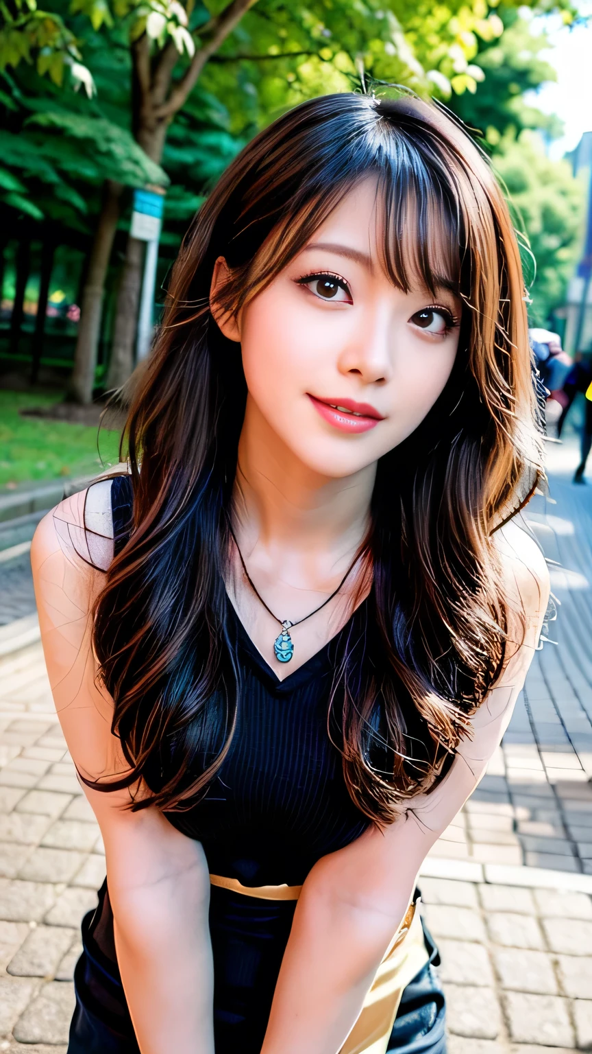 seed:4195271995,((Full Body Angle:1.1)),((Highest quality, 8K, masterpiece: 1.3)), concentrated: 1.2,Front hair:1.3, Cute girl 1,Nipples erect、 Perfect beauty: 1.4,Colorful ribbed knit half-zip T-shirt、Shorts,: 1.2,Randall Color、comics&Text Graphics、Black,1.1, Highly detailed face and skin textures, Fine grain, double eyelid, whitening skin, ,Highest quality,Ultra-high resolution,you,1 girl,alone,_Shiny_skin,Iris,necklace,((brown_length_Wavy_hair)),(lips)),eyelash,Front hair,deal with,compensate,Shiny,pore,skin big breasts、(smiling face)、Front hair、Walking in the park、walk