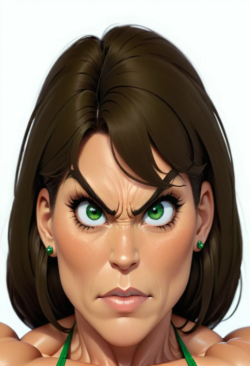 (masterpiece:1.2), (best quality), (ultra detailed), (8k, 4k, intricate),(full-body-shot:1), (highly detailed:1.2),(detailed face:1.2), (detailed background), muscle woman with brunette hair wearing green bikini flexing massive muscles, most muscular pose, woman with huge muscles, mature woman, stern expression, green eyes, angry expression