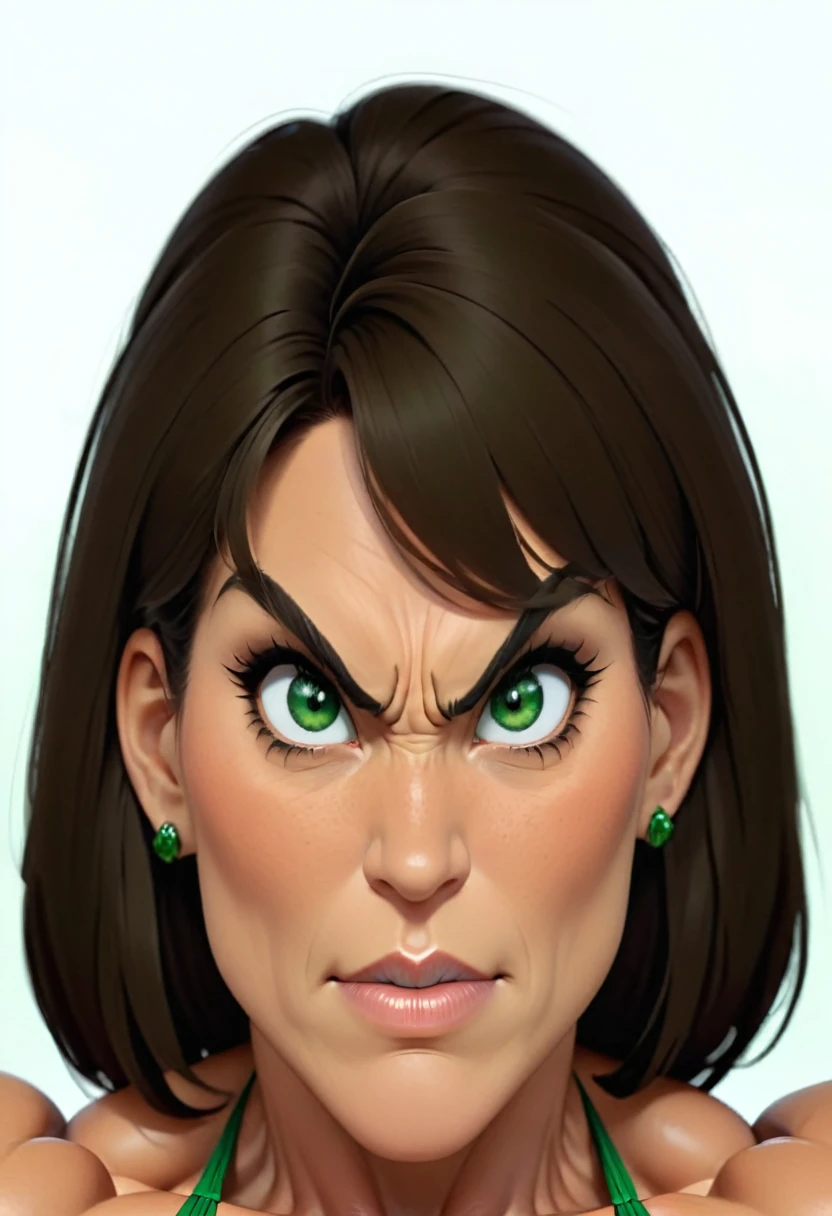 (masterpiece:1.2), (best quality), (ultra detailed), (8k, 4k, intricate),(full-body-shot:1), (highly detailed:1.2),(detailed face:1.2), (detailed background), muscle woman with brunette hair wearing green bikini flexing massive muscles, most muscular pose, woman with huge muscles, mature woman, stern expression, green eyes, angry expression