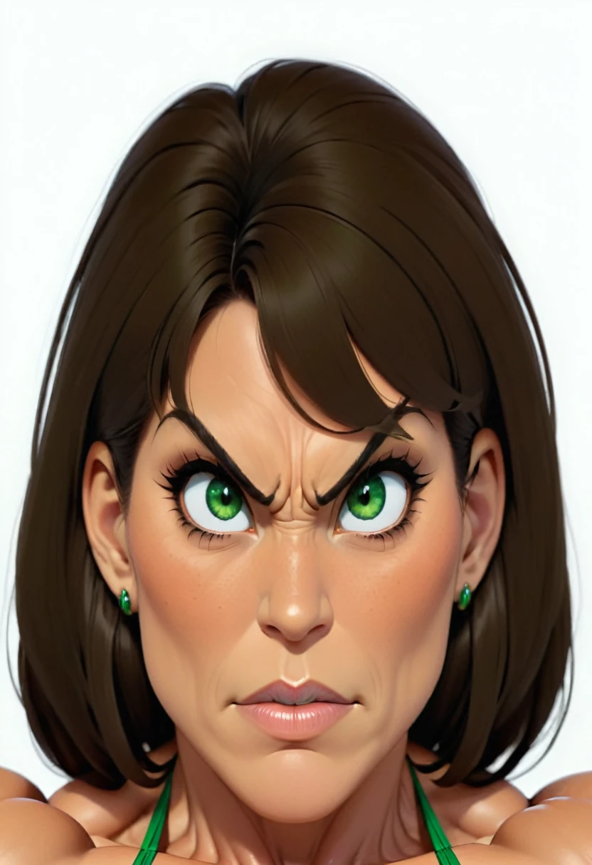 (masterpiece:1.2), (best quality), (ultra detailed), (8k, 4k, intricate),(full-body-shot:1), (highly detailed:1.2),(detailed face:1.2), (detailed background), muscle woman with brunette hair wearing green bikini flexing massive muscles, most muscular pose, woman with huge muscles, mature woman, stern expression, green eyes, angry expression