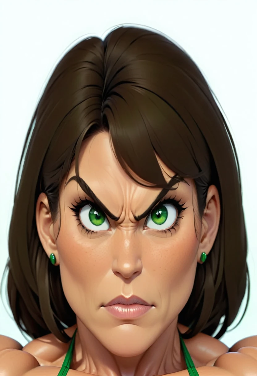 (masterpiece:1.2), (best quality), (ultra detailed), (8k, 4k, intricate),(full-body-shot:1), (highly detailed:1.2),(detailed face:1.2), (detailed background), muscle woman with brunette hair wearing green bikini flexing massive muscles, most muscular pose, woman with huge muscles, mature woman, stern expression, green eyes, angry expression