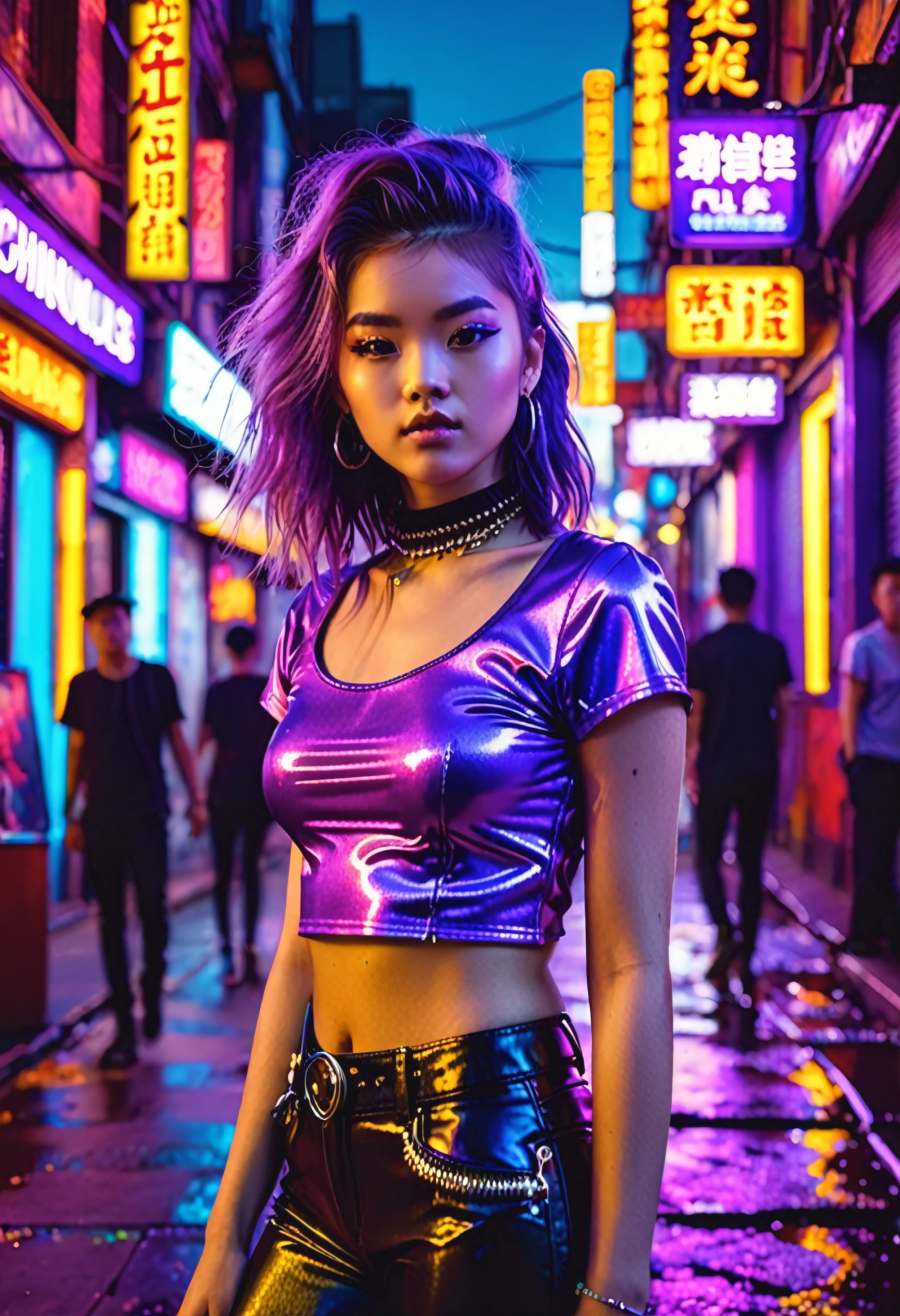 a girl in a purple top in a neon city, in the style of chinapunk, iconic album covers, soft-focus portraits, luke fildes, light amber and silver, exotic, captivating lighting