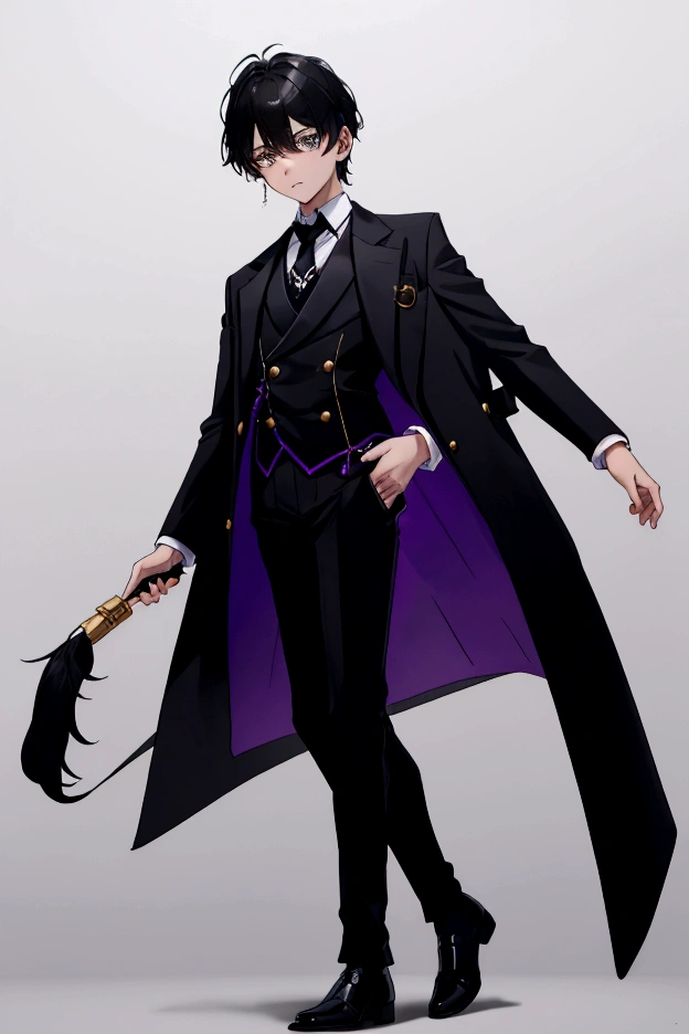 12 year old boy with the right black color with a "X" color eye in the center and purple left eye, bluish black fur, dressed in a white shirt with a light blue tie and a black blazer closed with gold buttons, black mini shorts with white ruffles on the sides, light blue tights,black boots and wide gloves that reveal the fingers
