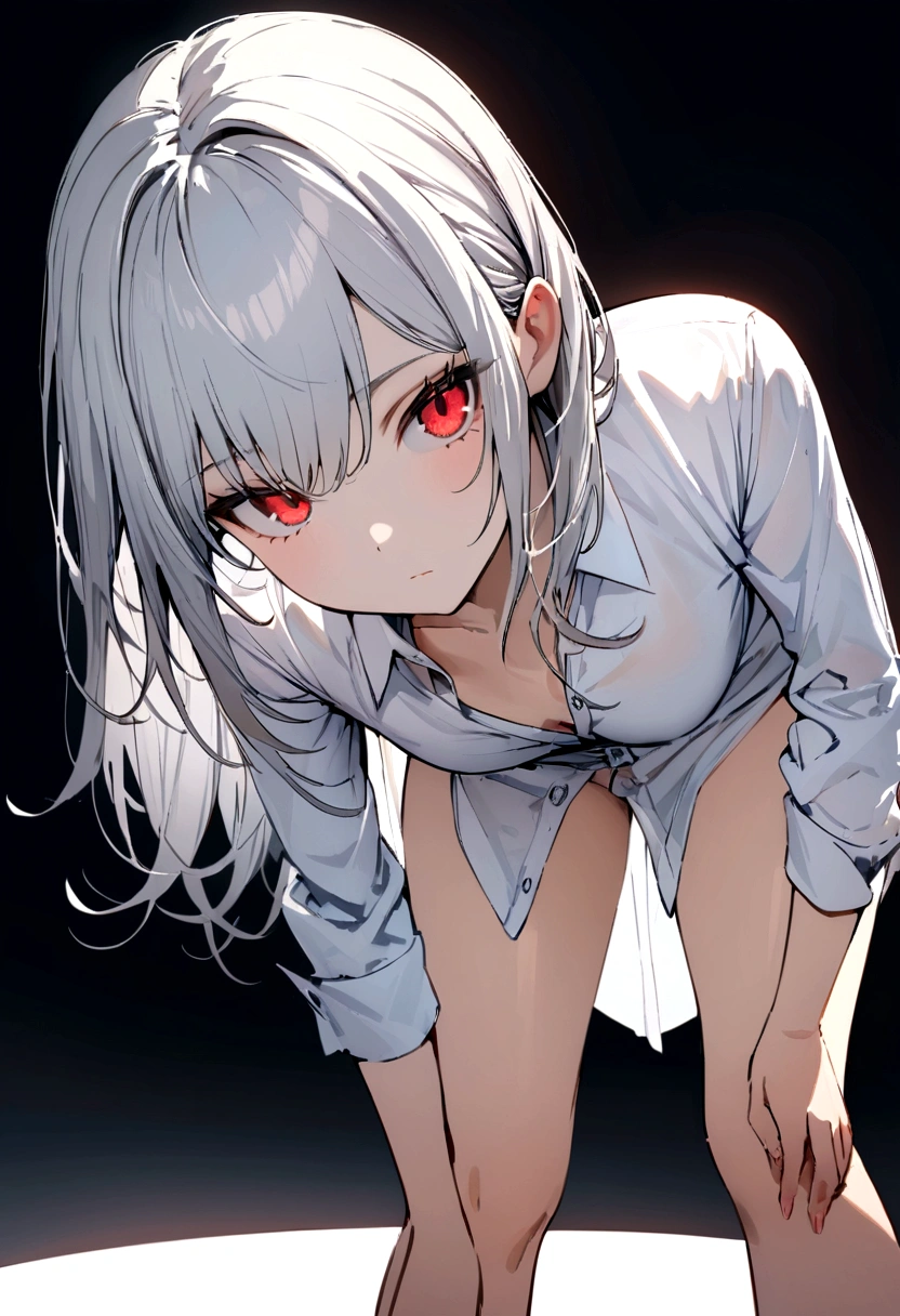 Highest quality,Very detailed,masterpiece,Super detailed,One girl,(White Background),Simple Background,Delicate eyes,Silver Hair, Red eyes,Are standing,(Dress shirt:1.3), No pants,Expressionless,Leaning forward,