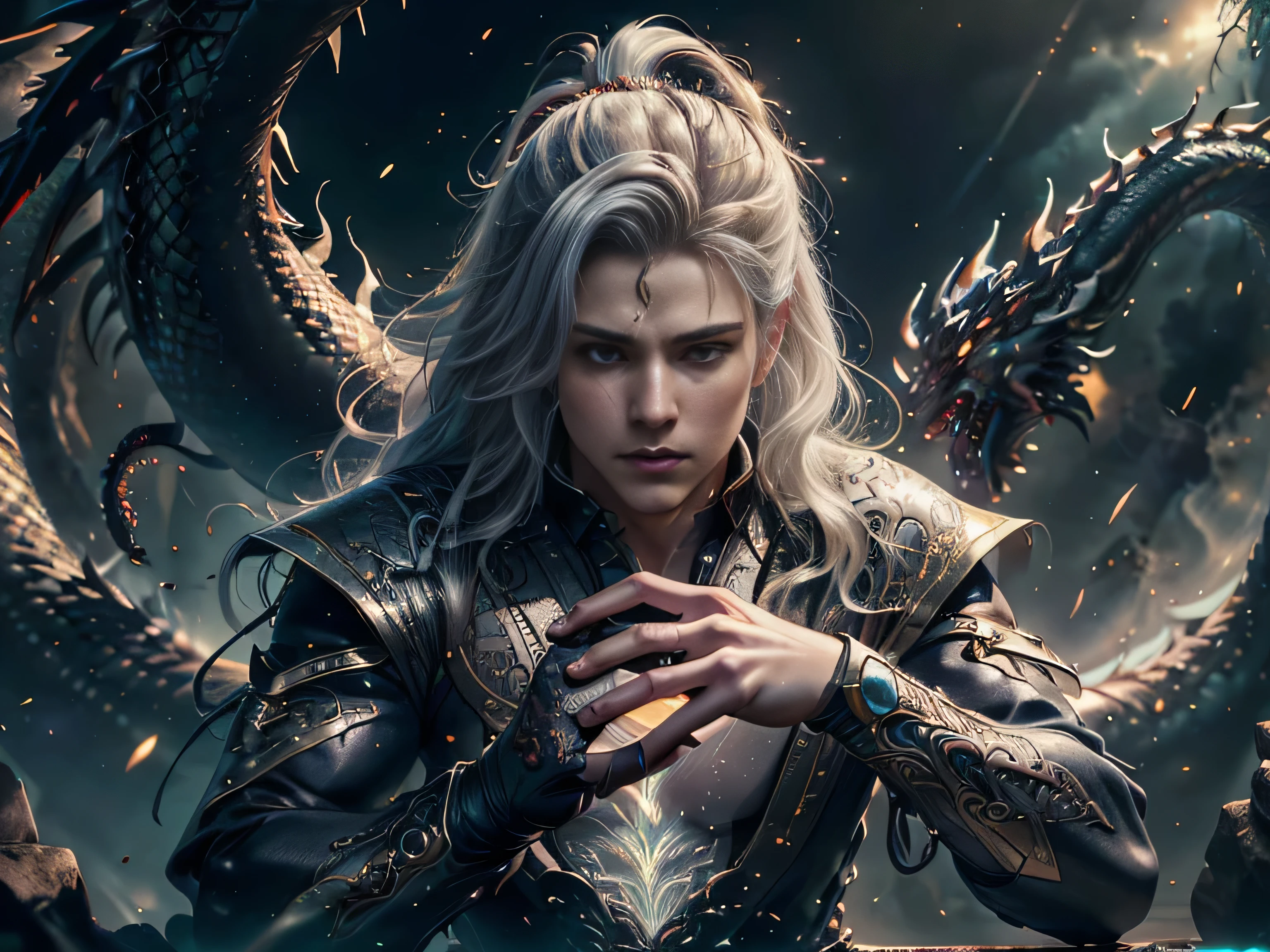 (Best Quality, 8K, Masterpiece, HDR, Soft Lighting, Picture Perfect, Realistic, Vivid), Male Humanoid Dragon (1.0), 1 Guy, Perfect Face, Super Detailed Photo of a Gorgeous Humanoid Dragon Man with Long White Hair, Side by Side lies a white dragon, Beautiful anime fantasy, background blur, anime fantasy, work in the style of Gouves, realism: 1.37, long white hair, plump lips, (Ultra high quality fantasy art), Masterpiece, male model, male character ultra high quality designs, detailed 8k anime art, realistic anime art, highest quality wallpapers, intricate ultra high quality accurate male characters faces, high quality designs and accurate physics (fantasy - ultra high quality art), dark fantasy style), masterpieces, super high quality quality characters, anime resolution - 8K, realistic anime art, wallpapers with the highest quality illustrations, ultra-high detail faces, high-quality design and accurate physics), color, depth of field, shadows, ray tracing, high-quality execution. -high quality and 8K resolution, (Accurate simulation of the interaction of light and materials)], [High-quality hair detail [Read more about beautiful and shiny white hair]], (Beautifully detailed hands [perfect fingers [Perfect nails]]], (perfect anatomy ( perfect proportions)))) [[Full-length]], [Perfect combination of colors (Accurate imitation of the interaction of light and material)], [art that conveys the meaning of the story](modified)