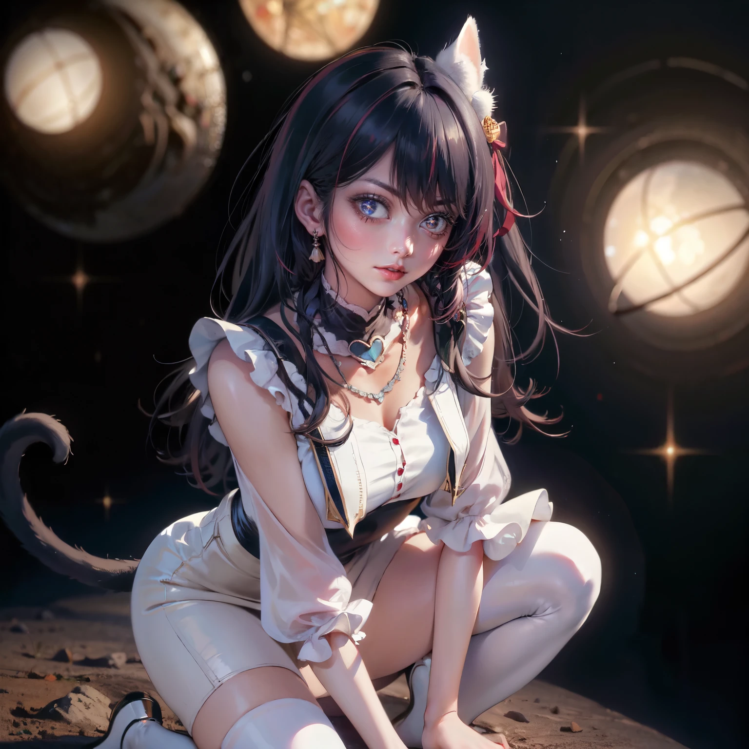 1girl, Ai Hoshino_(Oshi no Ko), centered girl, perfectly body, perfectly hands, solo, jewelry, magenta roses, rabbit jewel on her hair, ornament hair, twintails, rabbit jewel on her hair, purple hair, long hair, solo, white maid dress, jewelry, purple hair, flowing hair, long hair, maid dress with a short skirt and layers, white laces, white boots, white dress with transparency, gold details on her clothes, cat ears, animal ears,  more details, perfectly body, perfectly hands, two hands, two legs, two arms, five fingers, glowing hair, best quality, cat ears, animal ears, white gloves, cat tail, alone, maid headdress, choker, detached sleeves, maid dress, maid white dress, strapless, masterpeice, best quality, detailed face, night, asymmetrical gloves, bangs, white short skirt , earrings, elbow gloves, fishnet thighhighs, fishmasterpeice, solo, best quality, detailed face, hair between eyes, jewelry, looking at viewer, single earring, sky, sleeveless, solo, thigh boots, thighhighs, tongue, tongue out, uneven gloves, cat ears, animal ears, cat tail, solo, alone, Looking at the viewer, magenta roses on her hair, space scenery, maid, maid dress, magenta details, maid headdress, maid apron, purple hair, long hair, seat on the Saturn rings, more details on her clothes, gold details on her clothes, space, smiling, standing her hand to a viewer, looking at the viewer, in the background a several asteroids glowing with fiery auras, Dramatic lighting from distant stars and planets illuminates the scene, looking at the vast and mysterious universe, cowboy shot, upper body portrait, more details, sparkle