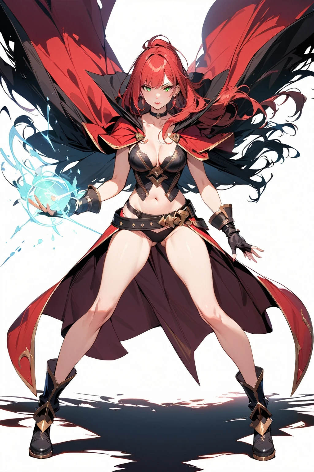 (masterpiece:1.2), (highest quality:1.2), 1girl, solo, red-hair, red-cape, breasts, green-eyes, long-hair, cape, navel, looking-at-viewer, jewelry, earring, belt, choker, gloves, magic, standing, ass-visible-through-thighs, boots, cleavage, closed-mouth, midriff, collarbone, red-lips, medium-breasts, legs-apart, makeup, thighs, full-body, simple-background, lipstick, revealing-clothes, black-choker, fingerless-gloves, black-gloves, waist-cape, shadow, lips, stomach, bangs, black-footwear, panties, armor, black-panties
