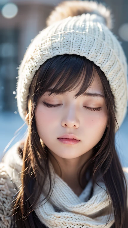 one girl, (a beauty girl, delicate girl:1.3), (18-year-old:1.3),photograph、
break, software, ((close your eyes:1.8))(scarf, Knitted hat:1.3),
break, (Symmetrical eyes:1.3),
break, (Snow Scene:1.3),((Pouting:1.3))
break, Small breasts, Brown eyes, Parted bangs, Brown Hair, girl,
break, (Eye and facial details:1.0),
break, (masterpiece, Highest quality, Very detailed, Detailed face, 8K)、Face up、Open your mouth a little