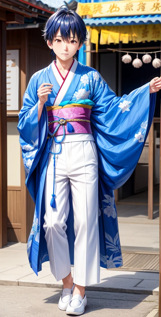 Inspired by the image of Hikoboshi from Tanabata、Wearing a cool blue kimono、A man wearing white shoes。Keep your eyes big