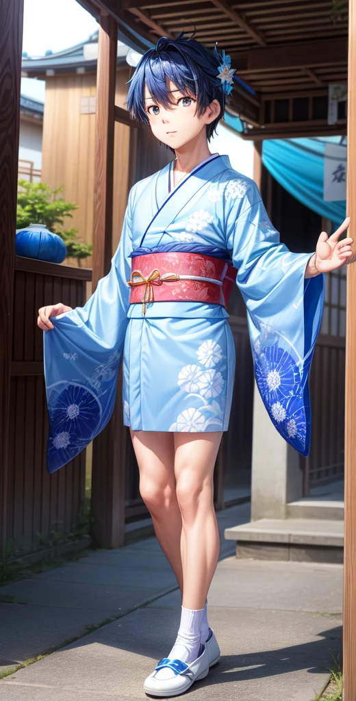 Inspired by the image of Hikoboshi from Tanabata、Wearing a cool blue kimono、A man wearing white shoes。Keep your eyes big