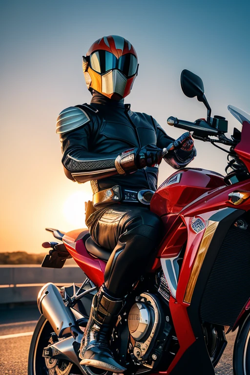 ((masterpiece,Highest quality,8K)), Perfect hands,Perfect Legs,((Kamen Rider))、Hide facial hair,(Eye for perfect detail), View your audience, (motorcycle/bike),Rocket Jet Rider Jump,Local Expressway,Rider Helmet,Cyber Rider Suit,Wind effects,evening,Sunset sky,(Touring:1.3),Hero