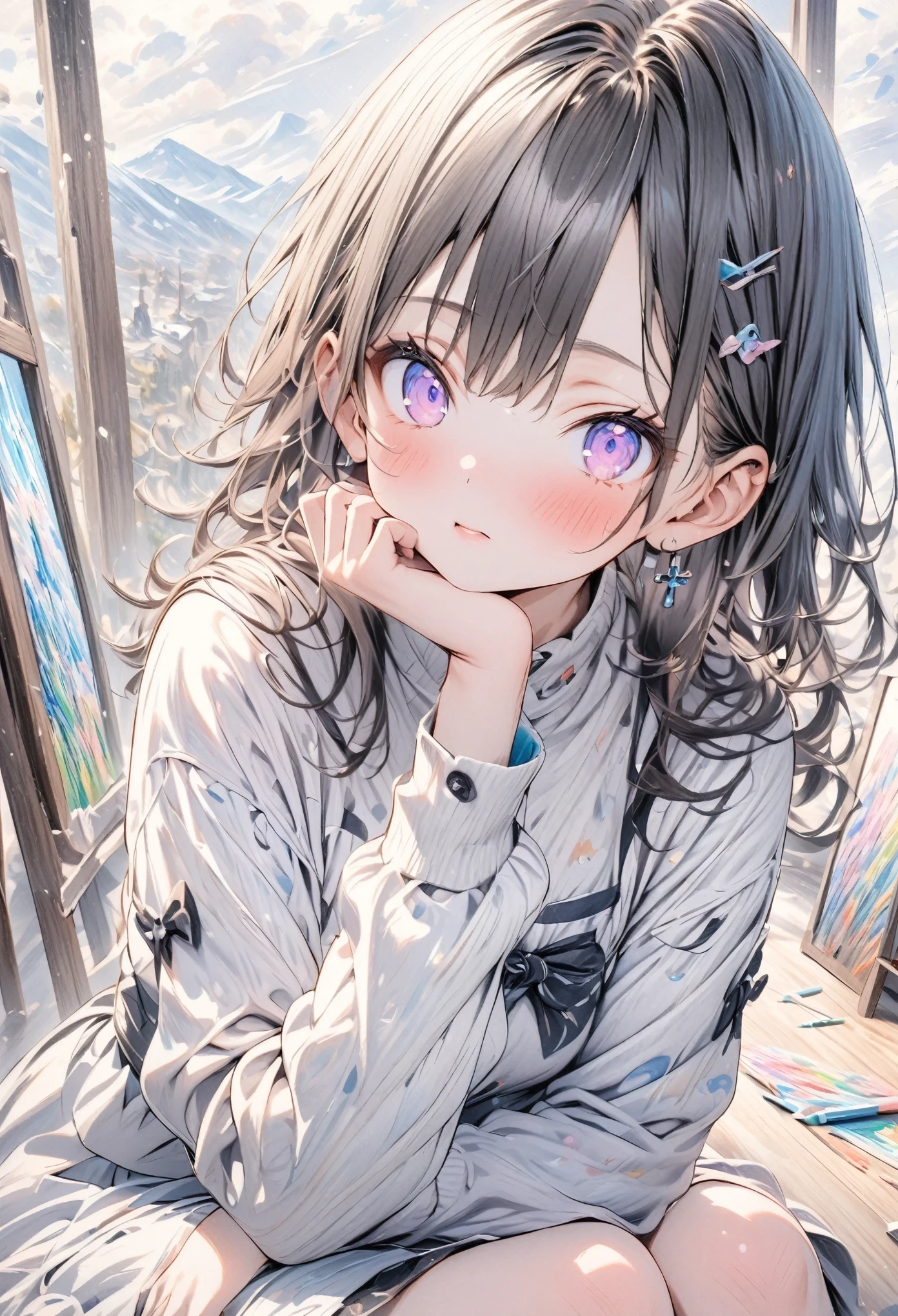 ((style:Colored pencil,pale colour)),(anime)、(masterpiece:1.2),Painting art、Girl painting、apply on cheeks、cute、overhaul、Sitting cross-legged in front of the work