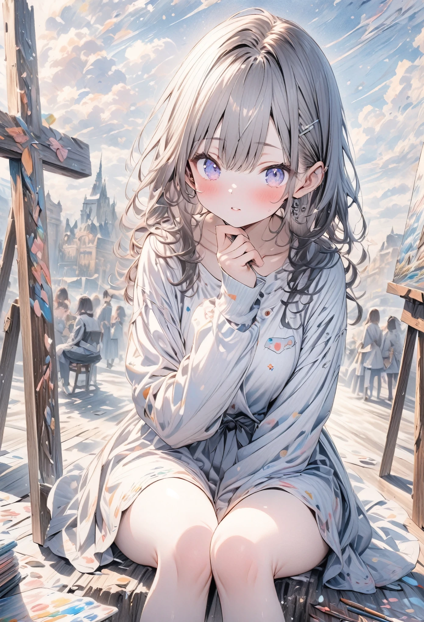 ((style:Colored pencil,pale colour)),(anime)、(masterpiece:1.2),Painting art、Girl painting、apply on cheeks、cute、overhaul、Sitting cross-legged in front of the work