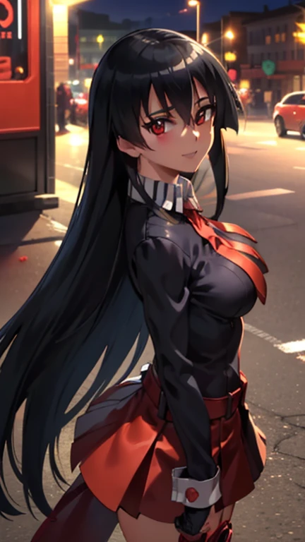 32k, best quality, 1girl, akame (akame ga kill), long hair, Shiny black hair, big breasts, red miniskirt, Thighs, tits,   Masterpiece, Best Quality, high resolution, Beautiful detailed eyes, extremely detailed face, good lighting, Detailed CG, messy hair, bright lips, city street, evening, neon lights, looking back at the viewer, standing,  smile.