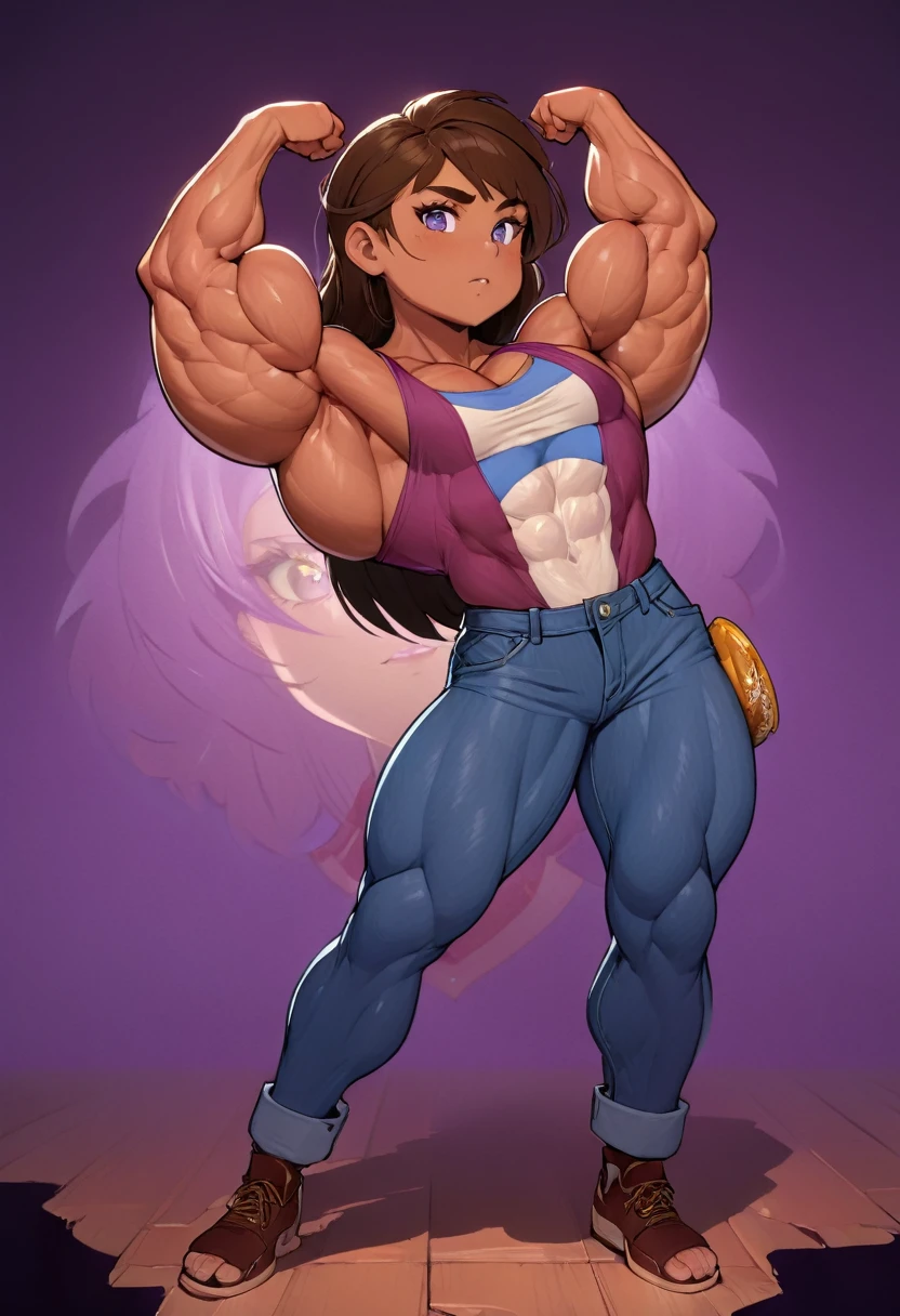 (masterpiece:1.2), (best quality), (ultra detailed), (8k, 4k, intricate),(full-body-shot:1), (highly detailed:1.2),(detailed face:1.2), (detailed background), muscle girl with High cheekbones and a strong jawlineflexing muscles wearing purple muscle shirt and light blue jeans, her hair a rich chestnut brown, giving her a dynamic and youthful appearance, muscle woman, big muscles, huge muscles, massive muscles, muscle girl, bronze skin, Her facial features are a mix of determination and kindness, with expressive eyes that radiate a sense of adventure