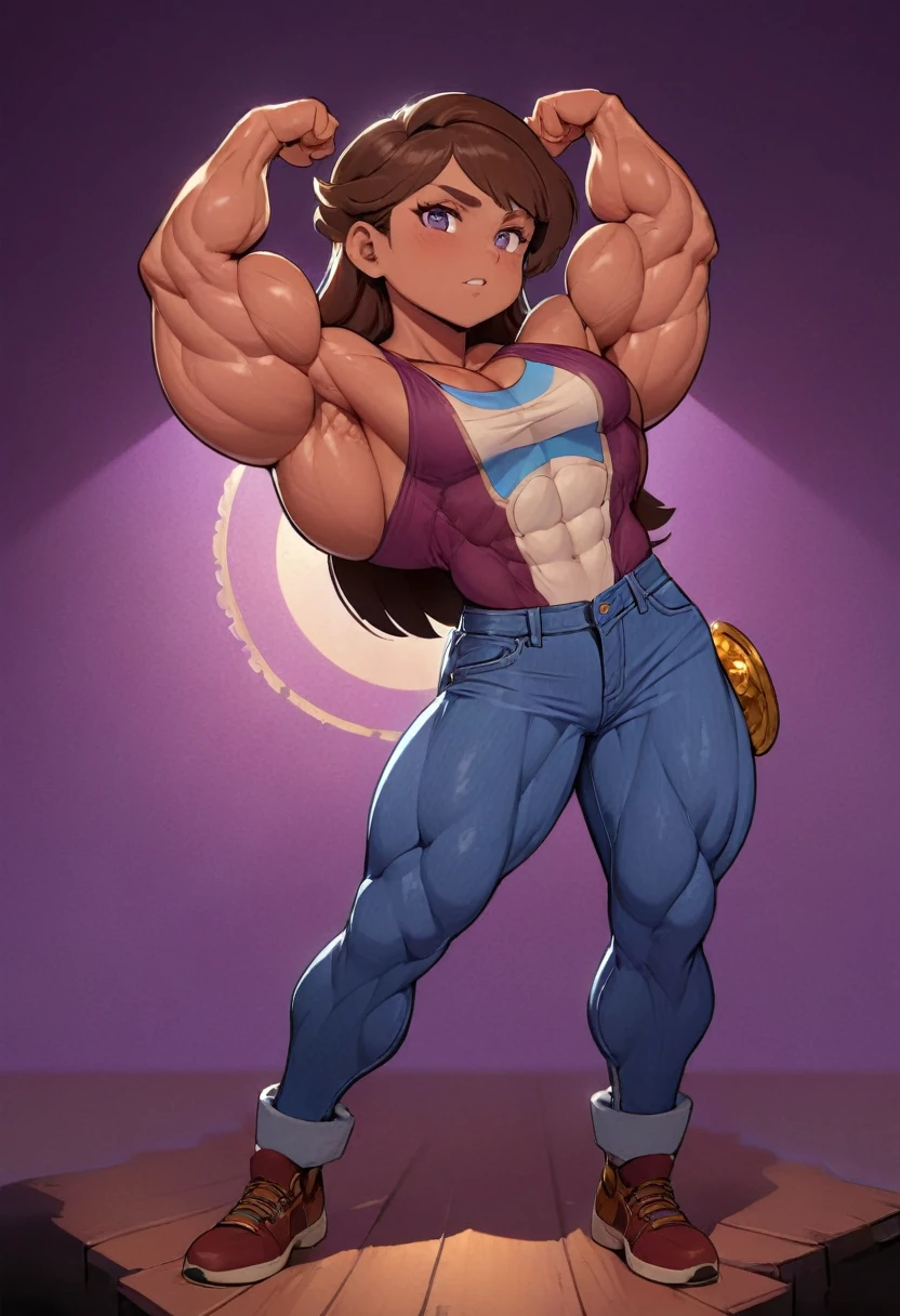 (masterpiece:1.2), (best quality), (ultra detailed), (8k, 4k, intricate),(full-body-shot:1), (highly detailed:1.2),(detailed face:1.2), (detailed background), muscle girl with High cheekbones and a strong jawlineflexing muscles wearing purple muscle shirt and light blue jeans, her hair a rich chestnut brown, giving her a dynamic and youthful appearance, muscle woman, big muscles, huge muscles, massive muscles, muscle girl, bronze skin, Her facial features are a mix of determination and kindness, with expressive eyes that radiate a sense of adventure