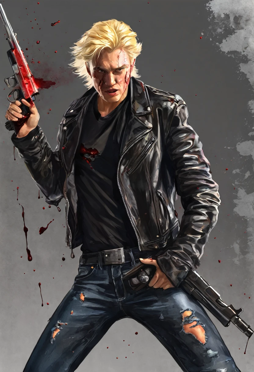 Create concept art for a film about a blond man with ,with black leather jacket and jeans,and torn,he is bleeding,and holding a gun!