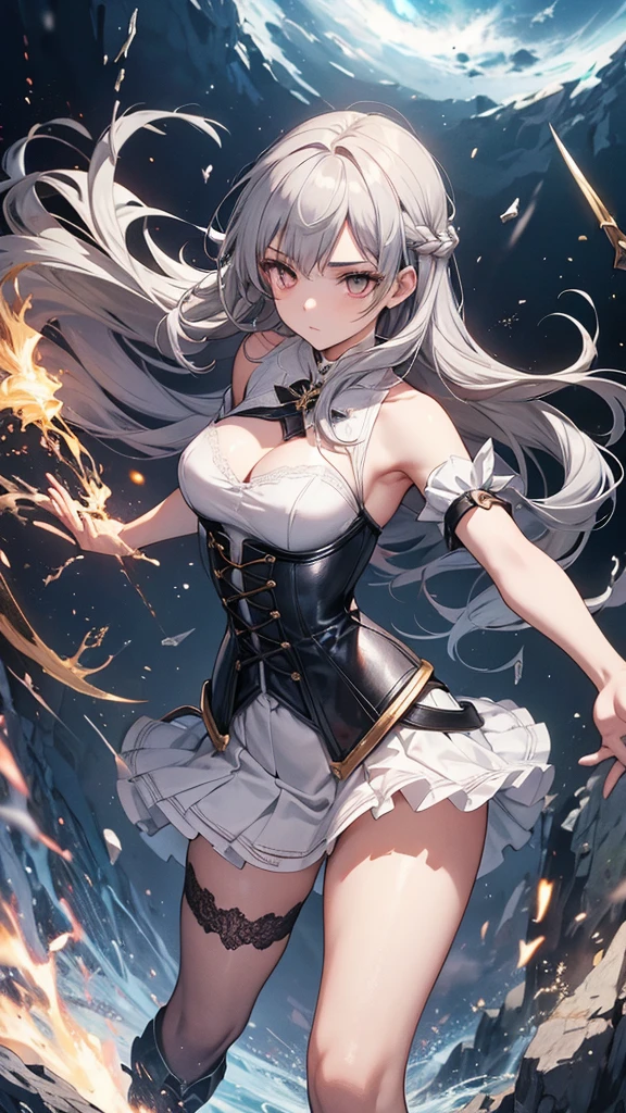 masterpiece, best quality, Mature women,, gray hair, Long Hair Flying,fantasy, middle Ages, On the war zone, dynamic poses, Beautiful and detailed light,black corset,White miniskirt,Lace exposed,Golden eyes,There are blue sword lights all around,silence
