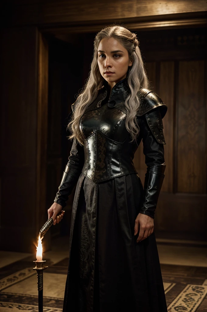 Title: daemon targaryen, Prince of House Targaryen Description: charachter: name: daemon targaryen Idade: grown-up, around 30-40 years old. Appearance: hairs: long, silvery-golden, flowing freely. eyeballs: dark violet, with an intense and penetrating gaze. Physicist: Slim and athletic, with a confident and imposing posture. Clothing and Equipment: tenue: dark and elegant clothes, com detalhes em vermelho e preto. The costume must have dragon motifs, reflecting Targaryen heritage. missilesdura: Light armor elements can be incorporated, mainly on the shoulder pads and chest, also decorated with dragons. missiles: Wielding the Valyrian steel sword Dark Sister, with a sinister shine and intricate blade detail. enviroment: fund: A scenario that takes us back to Westeros, perhaps a mountainous landscape or a castle in the distance. Alternatively, could be a royal hall background with Targaryen torches and flags. Additional Elements: Flames and shadows for a dramatic touch, and perhaps a silhouette of a dragon in the background to reinforce the connection with dragons. Pose e Expression: Pose: standing, facing the front, with the Dark Sister resting on the floor, or wielding it in a threatening way. Expression: confident and determined, with a touch of arrogance. House Symbol: Additional Detail: Include the symbol of House Targaryen - the three-headed dragon - somewhere in the image, as on the chest of armor or as an emblem in the background. styled: realistic and detailed, with a dark and rich color palette, reflecting the epic and historical tone of the series. Visual References: Include references to dragons and gothic elements for inspiration in decor and environment.