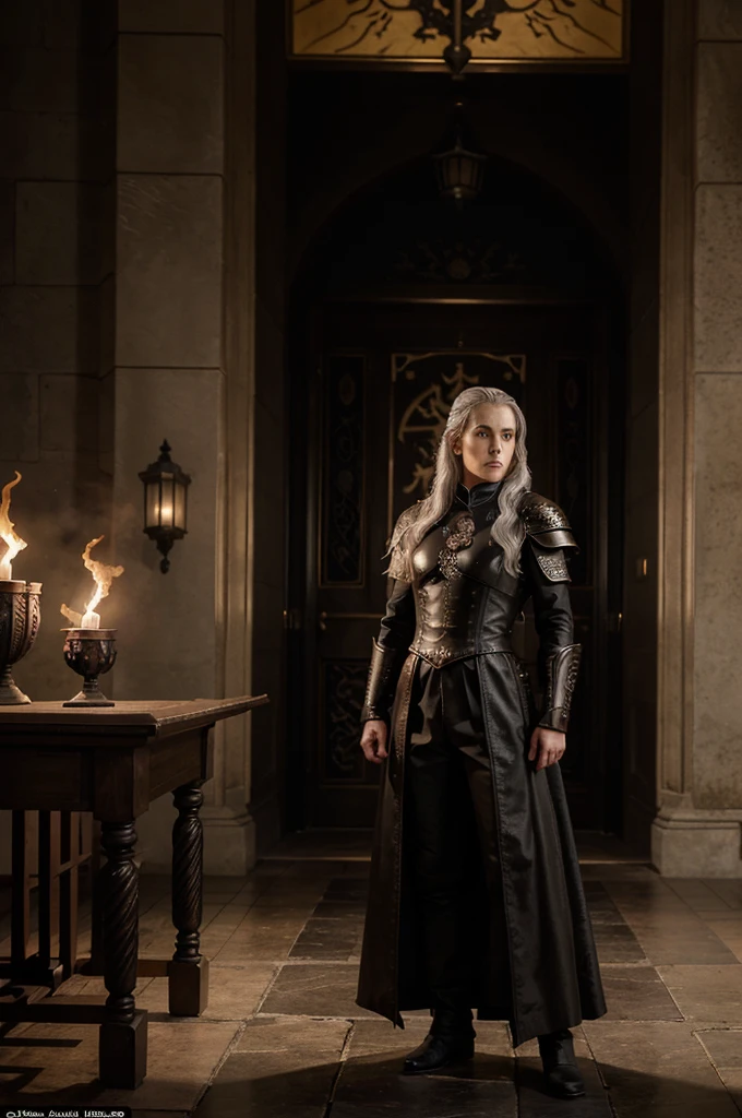 Title: daemon targaryen, Prince of House Targaryen Description: charachter: name: daemon targaryen Idade: grown-up, around 30-40 years old. Appearance: hairs: long, silvery-golden, flowing freely. eyeballs: dark violet, with an intense and penetrating gaze. Physicist: Slim and athletic, with a confident and imposing posture. Clothing and Equipment: tenue: dark and elegant clothes, com detalhes em vermelho e preto. The costume must have dragon motifs, reflecting Targaryen heritage. missilesdura: Light armor elements can be incorporated, mainly on the shoulder pads and chest, also decorated with dragons. missiles: Wielding the Valyrian steel sword Dark Sister, with a sinister shine and intricate blade detail. enviroment: fund: A scenario that takes us back to Westeros, perhaps a mountainous landscape or a castle in the distance. Alternatively, could be a royal hall background with Targaryen torches and flags. Additional Elements: Flames and shadows for a dramatic touch, and perhaps a silhouette of a dragon in the background to reinforce the connection with dragons. Pose e Expression: Pose: standing, facing the front, with the Dark Sister resting on the floor, or wielding it in a threatening way. Expression: confident and determined, with a touch of arrogance. House Symbol: Additional Detail: Include the symbol of House Targaryen - the three-headed dragon - somewhere in the image, as on the chest of armor or as an emblem in the background. styled: realistic and detailed, with a dark and rich color palette, reflecting the epic and historical tone of the series. Visual References: Include references to dragons and gothic elements for inspiration in decor and environment.