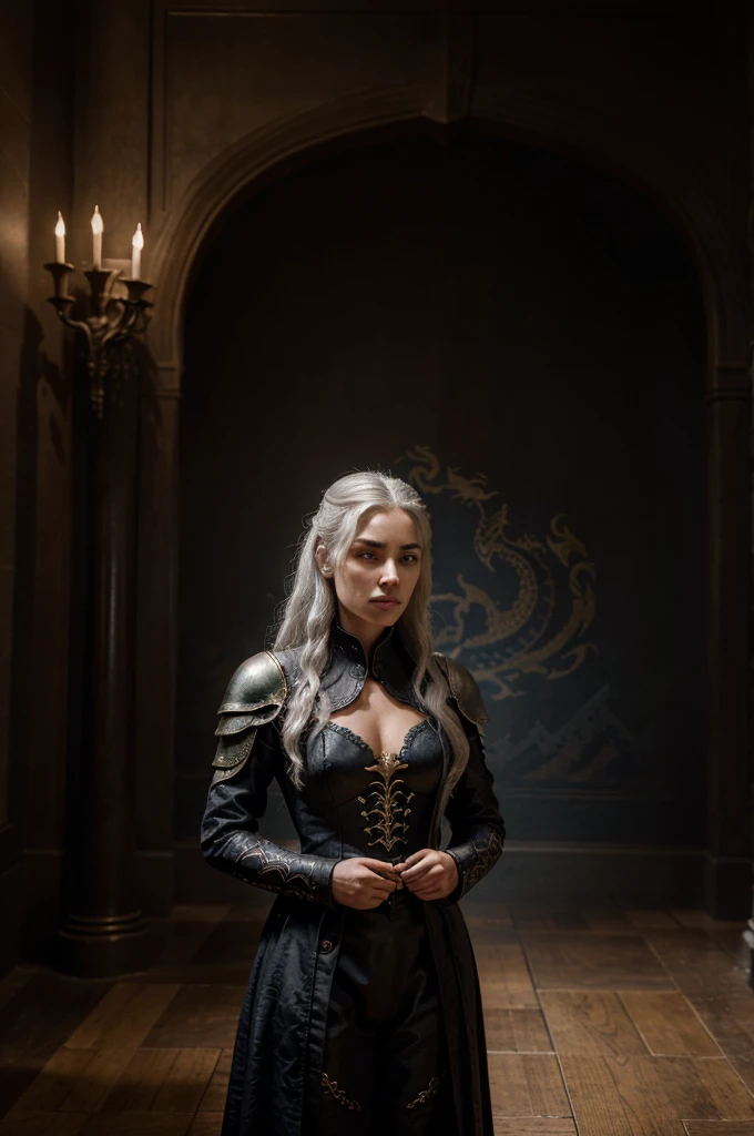 Title: daemon targaryen, Prince of House Targaryen Description: charachter: name: daemon targaryen Idade: grown-up, around 30-40 years old. Appearance: hairs: long, silvery-golden, flowing freely. eyeballs: dark violet, with an intense and penetrating gaze. Physicist: Slim and athletic, with a confident and imposing posture. Clothing and Equipment: tenue: dark and elegant clothes, com detalhes em vermelho e preto. The costume must have dragon motifs, reflecting Targaryen heritage. missilesdura: Light armor elements can be incorporated, mainly on the shoulder pads and chest, also decorated with dragons. missiles: Wielding the Valyrian steel sword Dark Sister, with a sinister shine and intricate blade detail. enviroment: fund: A scenario that takes us back to Westeros, perhaps a mountainous landscape or a castle in the distance. Alternatively, could be a royal hall background with Targaryen torches and flags. Additional Elements: Flames and shadows for a dramatic touch, and perhaps a silhouette of a dragon in the background to reinforce the connection with dragons. Pose e Expression: Pose: standing, facing the front, with the Dark Sister resting on the floor, or wielding it in a threatening way. Expression: confident and determined, with a touch of arrogance. House Symbol: Additional Detail: Include the symbol of House Targaryen - the three-headed dragon - somewhere in the image, as on the chest of armor or as an emblem in the background. styled: realistic and detailed, with a dark and rich color palette, reflecting the epic and historical tone of the series. Visual References: Include references to dragons and gothic elements for inspiration in decor and environment.