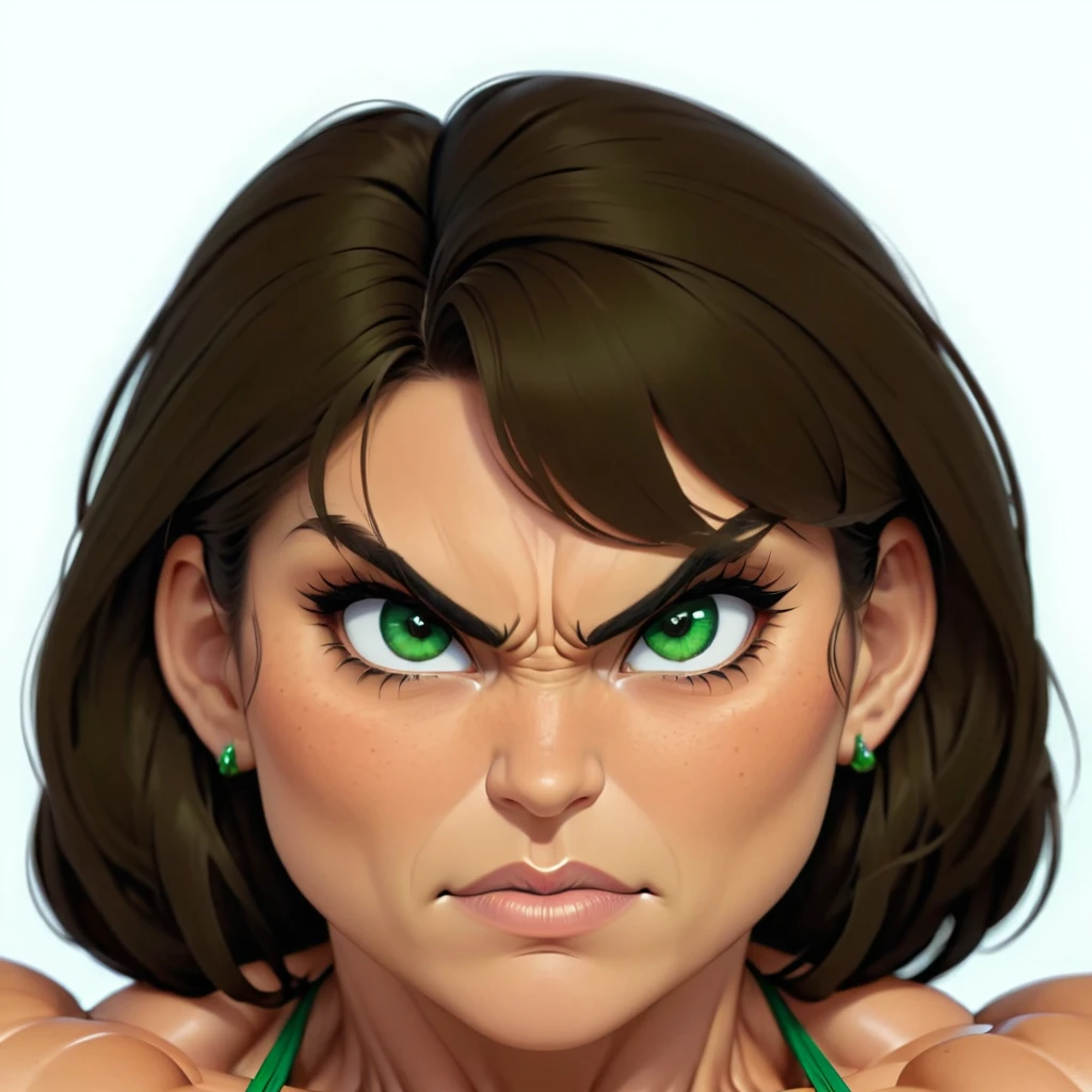 (masterpiece:1.2), (best quality), (ultra detailed), (8k, 4k, intricate),(full-body-shot:1), (highly detailed:1.2),(detailed face:1.2), (detailed background), muscle woman with brunette hair wearing green bikini flexing massive muscles, most muscular pose, woman with huge muscles, mature woman, stern expression, green eyes, angry expression