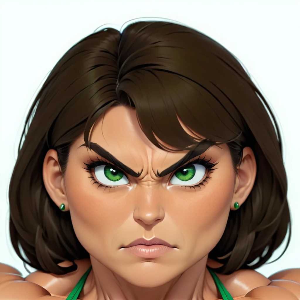 (masterpiece:1.2), (best quality), (ultra detailed), (8k, 4k, intricate),(full-body-shot:1), (highly detailed:1.2),(detailed face:1.2), (detailed background), muscle woman with brunette hair wearing green bikini flexing massive muscles, most muscular pose, woman with huge muscles, mature woman, stern expression, green eyes, angry expression